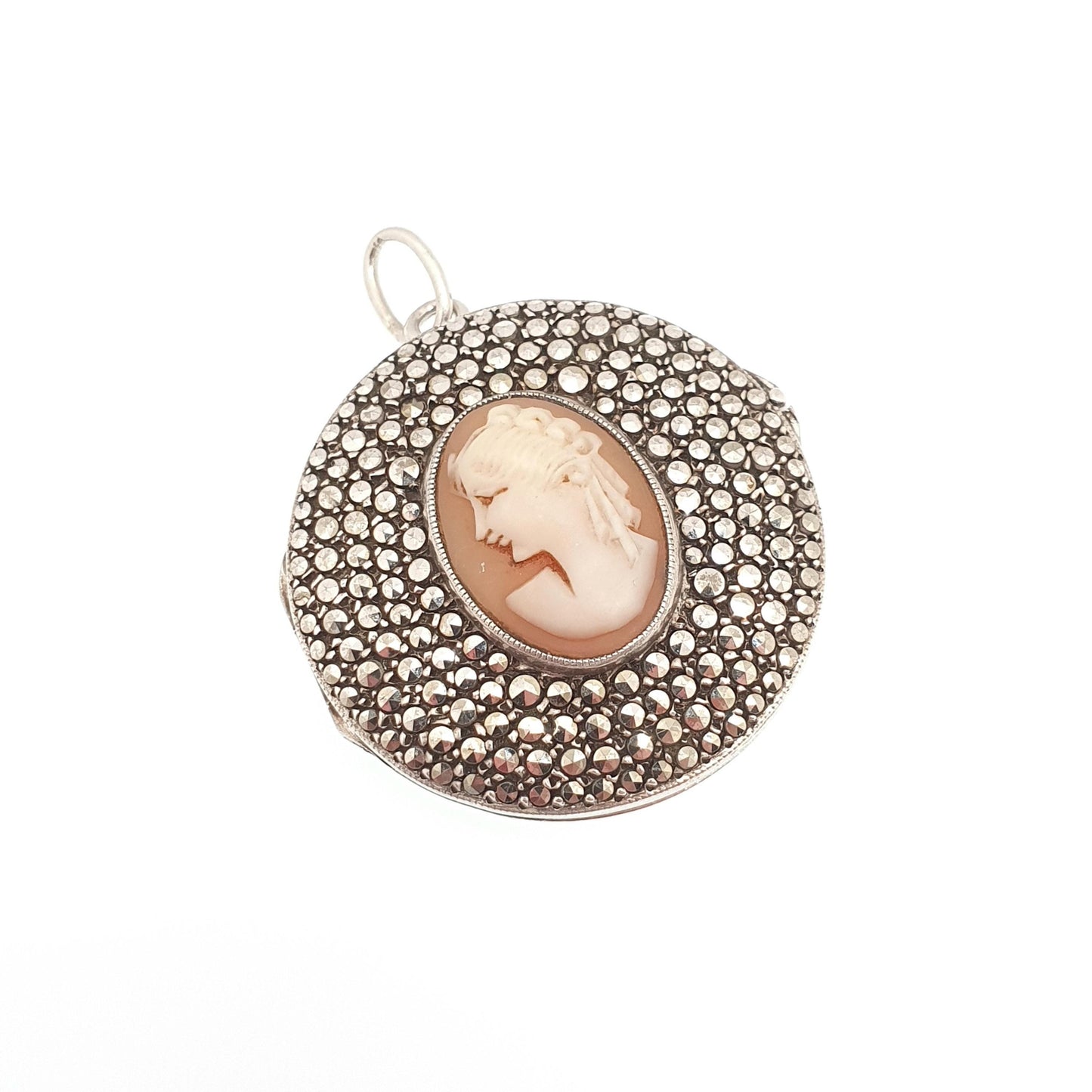 Antique Solid Silver Cameo Locket Art Deco Marcasite Set Large Big Pendant Filigree Hand Set and Carved Shell Necklace Pendant