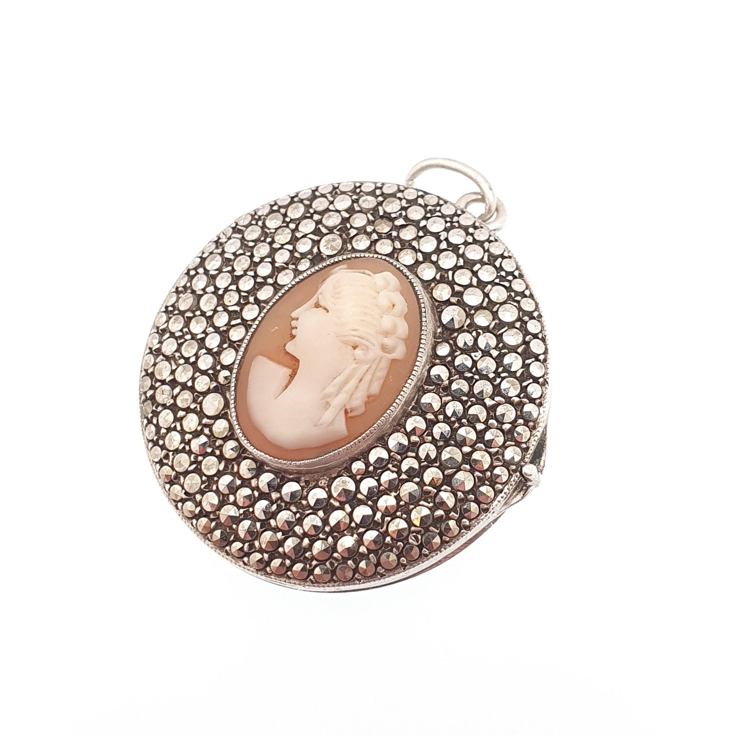 Antique Solid Silver Cameo Locket Art Deco Marcasite Set Large Big Pendant Filigree Hand Set and Carved Shell Necklace Pendant