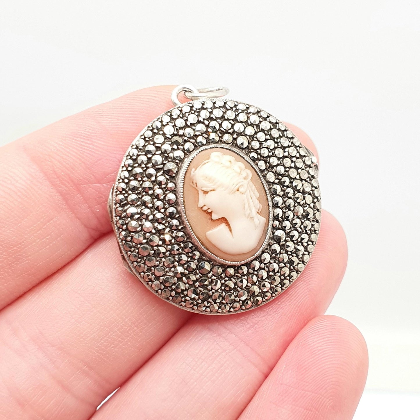 Antique Solid Silver Cameo Locket Art Deco Marcasite Set Large Big Pendant Filigree Hand Set and Carved Shell Necklace Pendant