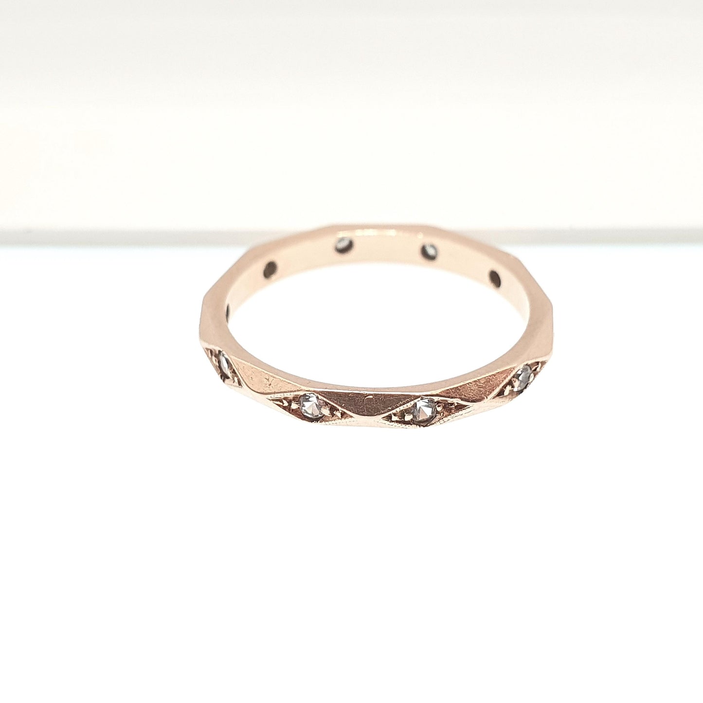 Antique 9ct Rose Gold Faceted Eternity Ring White Spinel Art Deco 1920s Full Band Angled Gemstone Solid 9k 375 Vintage Jewelry Jewellery