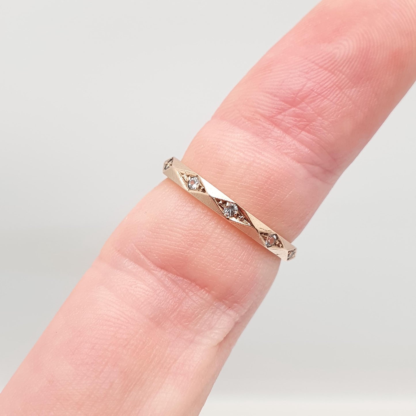 Antique 9ct Rose Gold Faceted Eternity Ring White Spinel Art Deco 1920s Full Band Angled Gemstone Solid 9k 375 Vintage Jewelry Jewellery