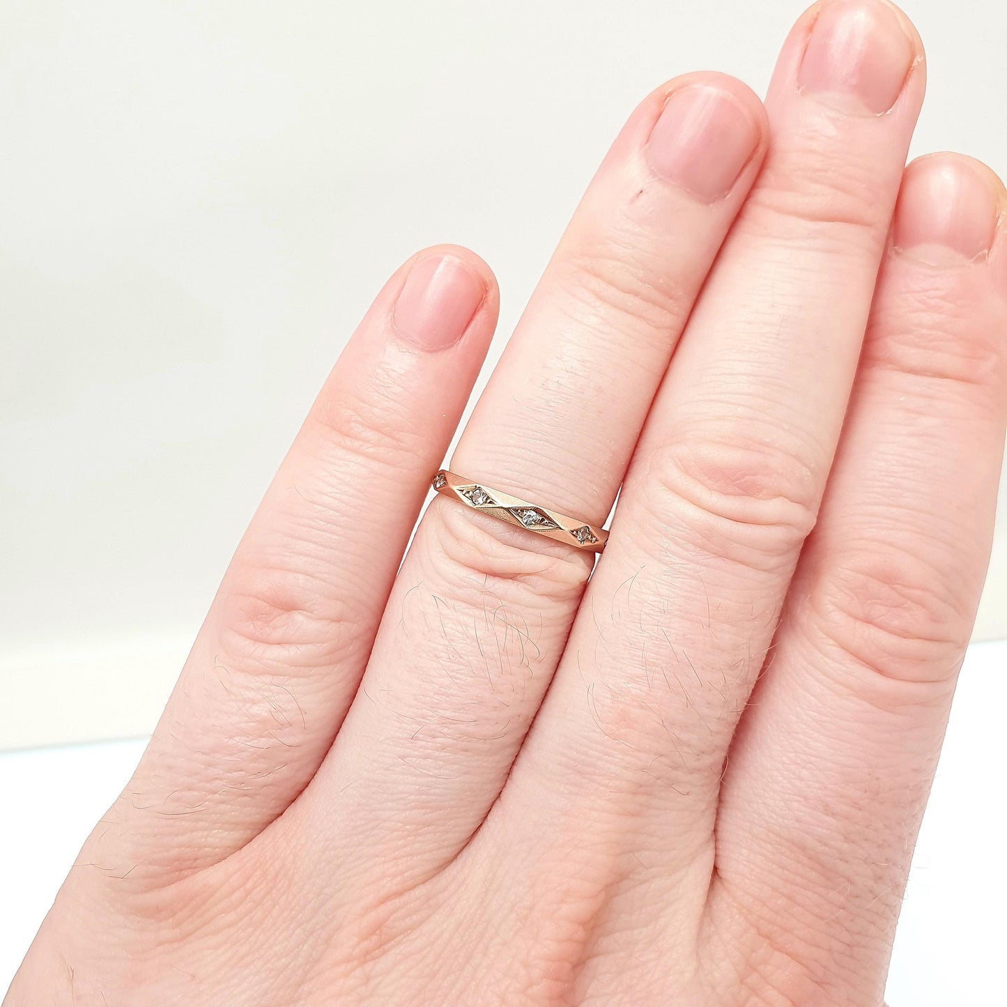 Antique 9ct Rose Gold Faceted Eternity Ring White Spinel Art Deco 1920s Full Band Angled Gemstone Solid 9k 375 Vintage Jewelry Jewellery