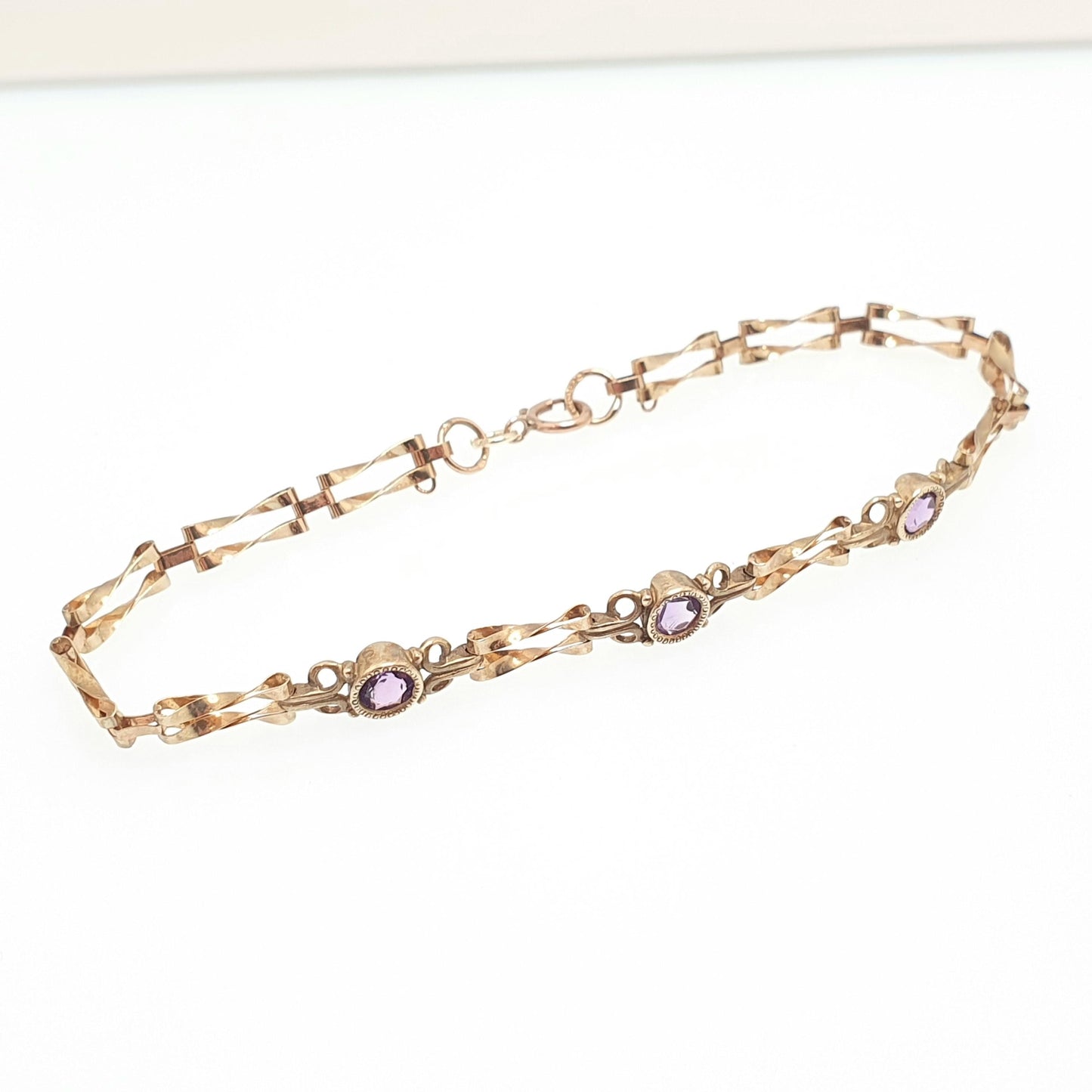 Vintage 9k 9ct Gold Amethyst Bracelet Gate Link Chain 19cm 7.5" 3.10g Hallmarked Solid 9kt Genuine Gemstone Jewellery Jewelry