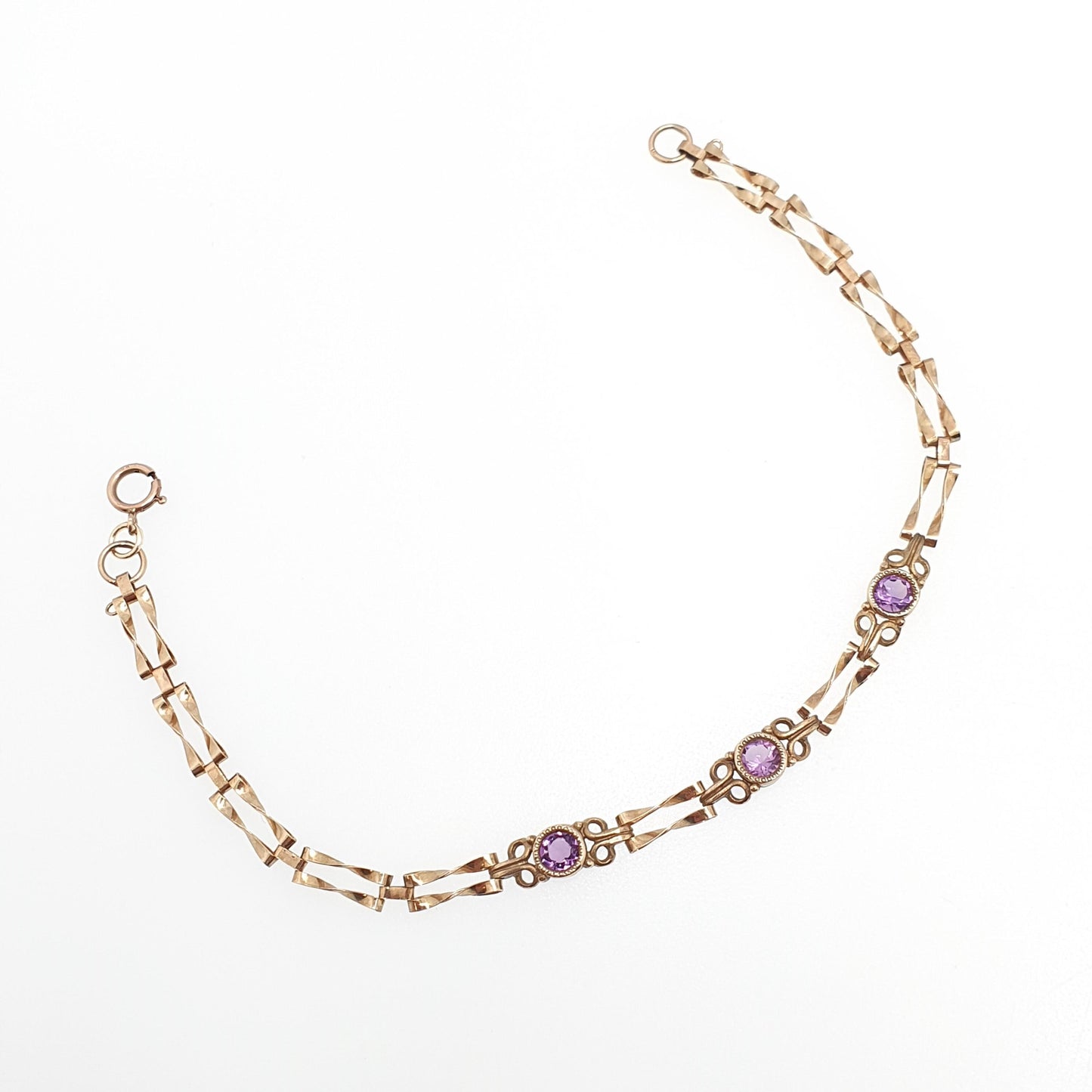 Vintage 9k 9ct Gold Amethyst Bracelet Gate Link Chain 19cm 7.5" 3.10g Hallmarked Solid 9kt Genuine Gemstone Jewellery Jewelry