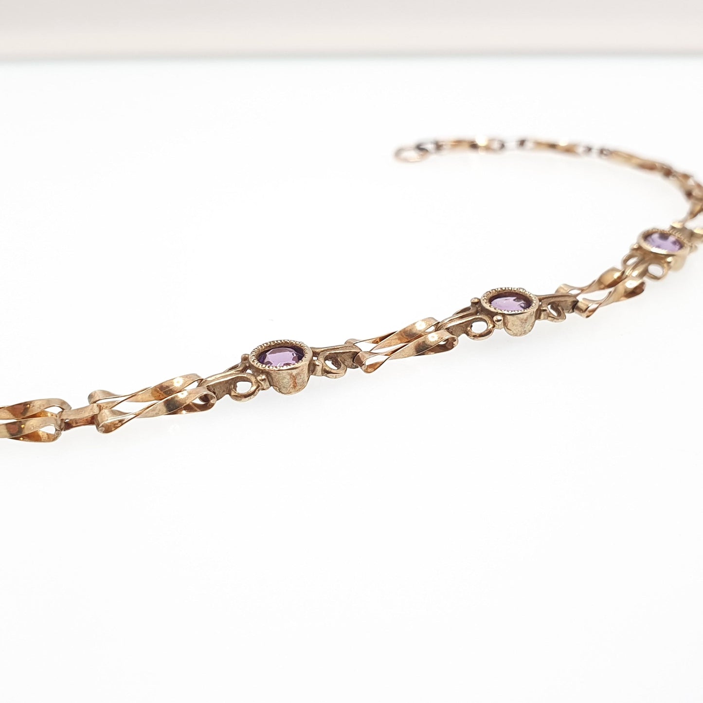 Vintage 9k 9ct Gold Amethyst Bracelet Gate Link Chain 19cm 7.5" 3.10g Hallmarked Solid 9kt Genuine Gemstone Jewellery Jewelry