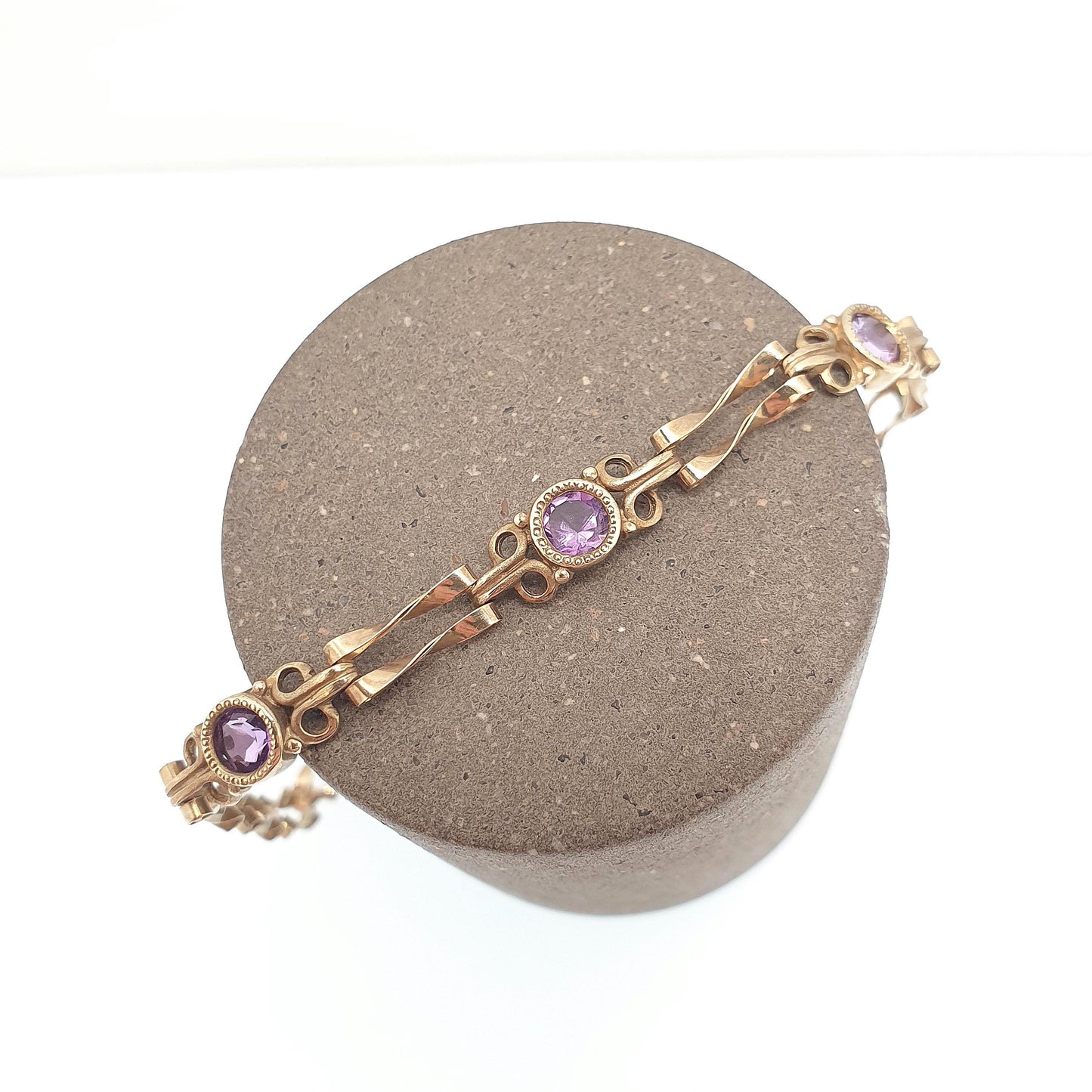 Vintage 9k 9ct Gold Amethyst Bracelet Gate Link Chain 19cm 7.5" 3.10g Hallmarked Solid 9kt Genuine Gemstone Jewellery Jewelry