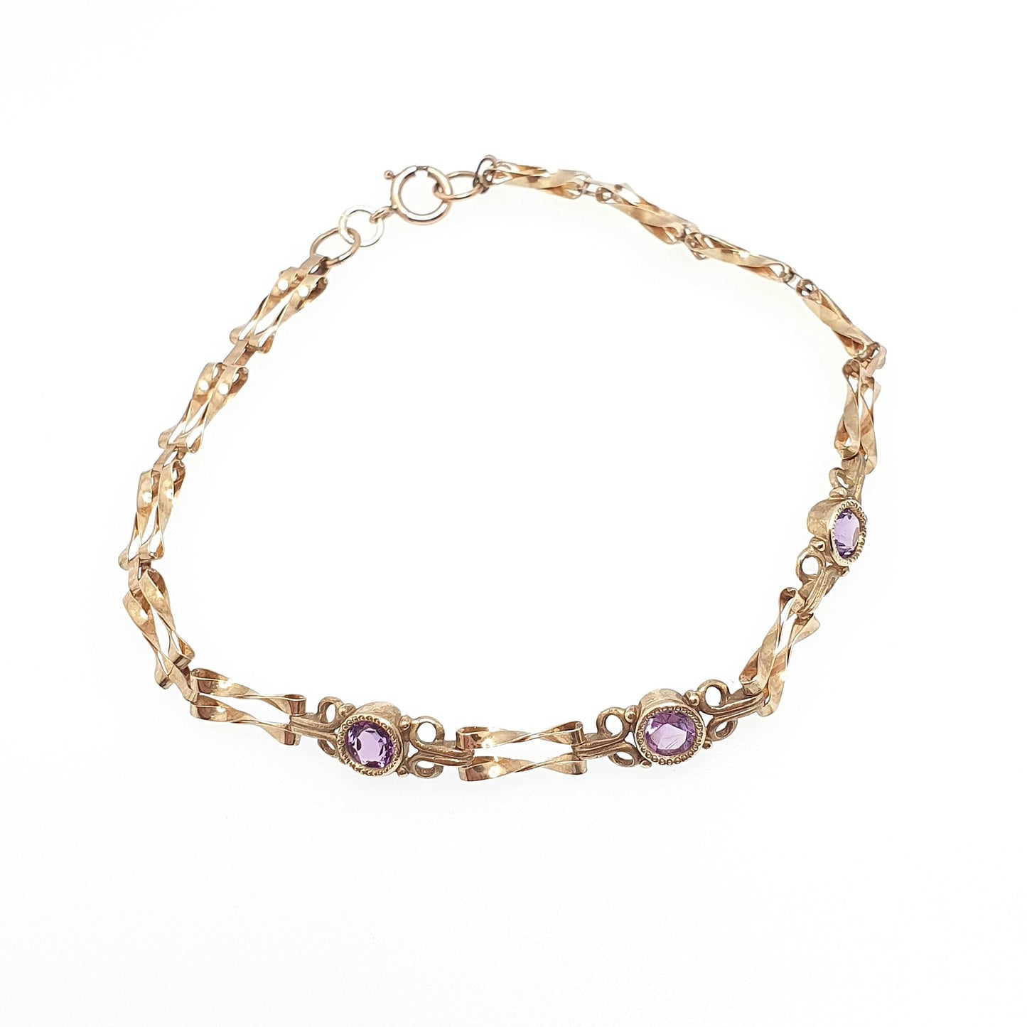 Vintage 9k 9ct Gold Amethyst Bracelet Gate Link Chain 19cm 7.5" 3.10g Hallmarked Solid 9kt Genuine Gemstone Jewellery Jewelry