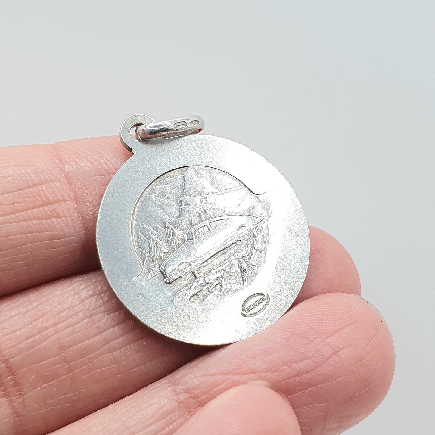 Vintage Sterling Silver St Christopher Pendant Necklace Car on Reverse Mountains Saint Double Sided Jewellery Jewelry Men Women Unisex