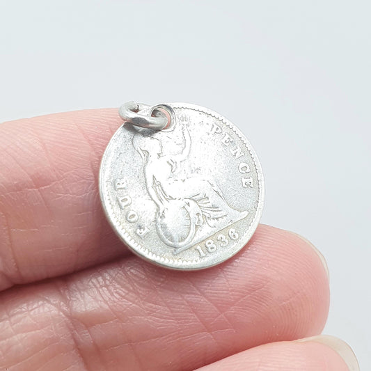 Antique Sterling Silver William IV Four Pence Coin Pendant Necklace 1836 Groat British Charm Vintage Mens Womens 1800s Jewelry Jewellery