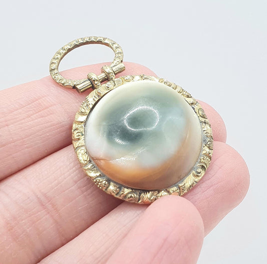 Antique Victorian Rolled Gold Operculum Shell and Enamel Pendant Necklace Floral Chased Border Flowers Vintage Rare Women Jewelry Jewellery