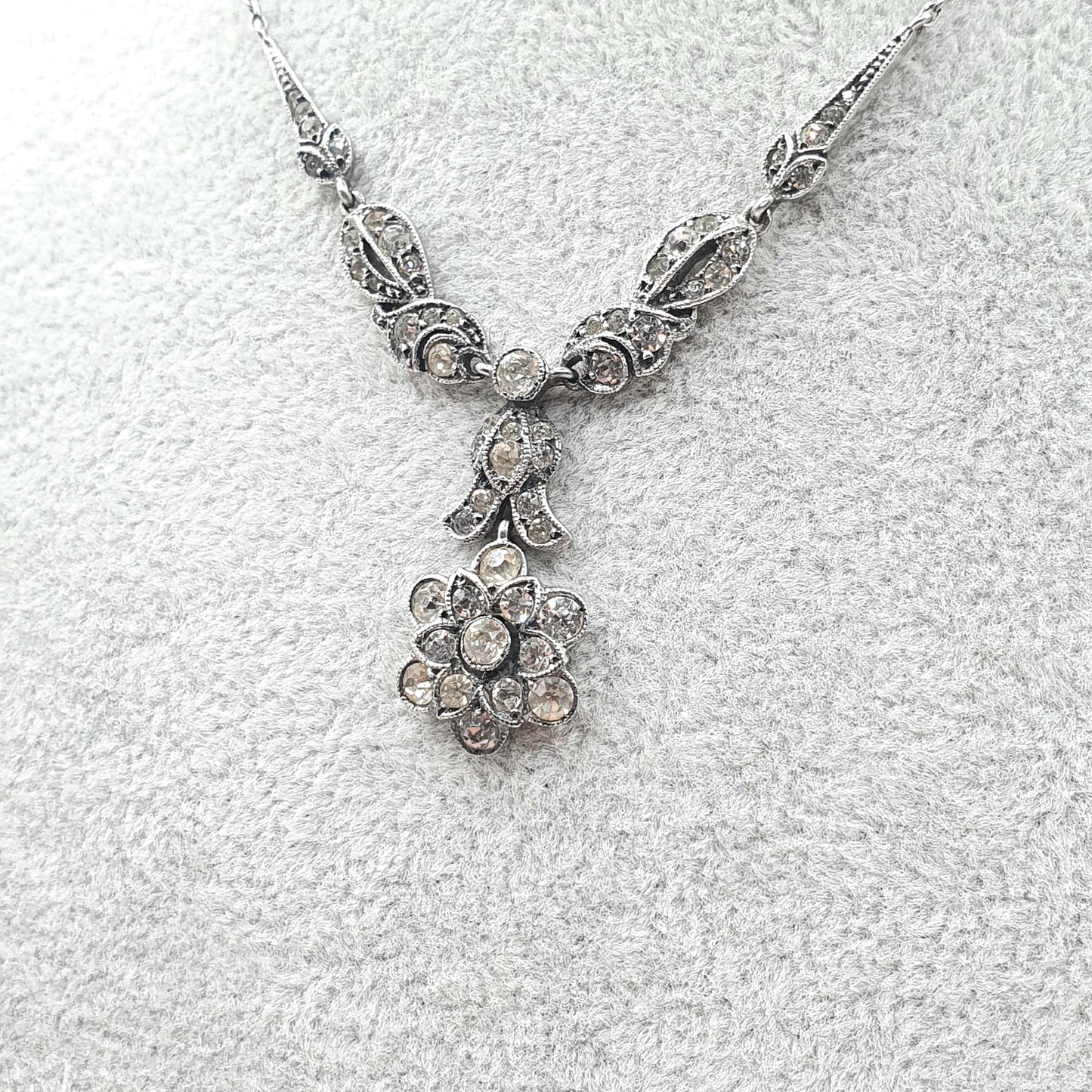 Antique Art Deco Solid Silver Diamond Paste Necklace Flower Drop Floral Rhodium Plated Sparkly Vintage Jewellery Womens Jewelry