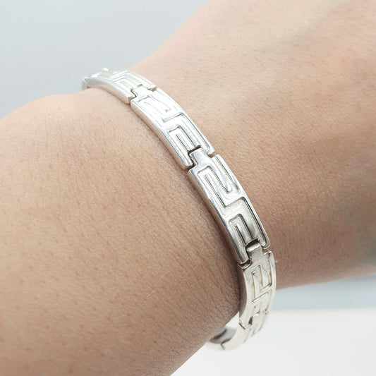 Vintage Sterling Silver Greek Key Pattern Bracelet Magnetic 18.5cm 26.86g Heavy Geometric Womens Jewelry Jewellery