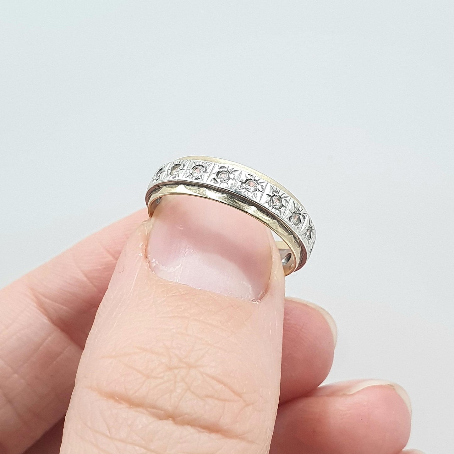 Antique 9ct Gold & Solid Silver Eternity Ring White Spinel Full Band Infinity Genuine Gemstone Womens Unisex Jewelry Jewellery