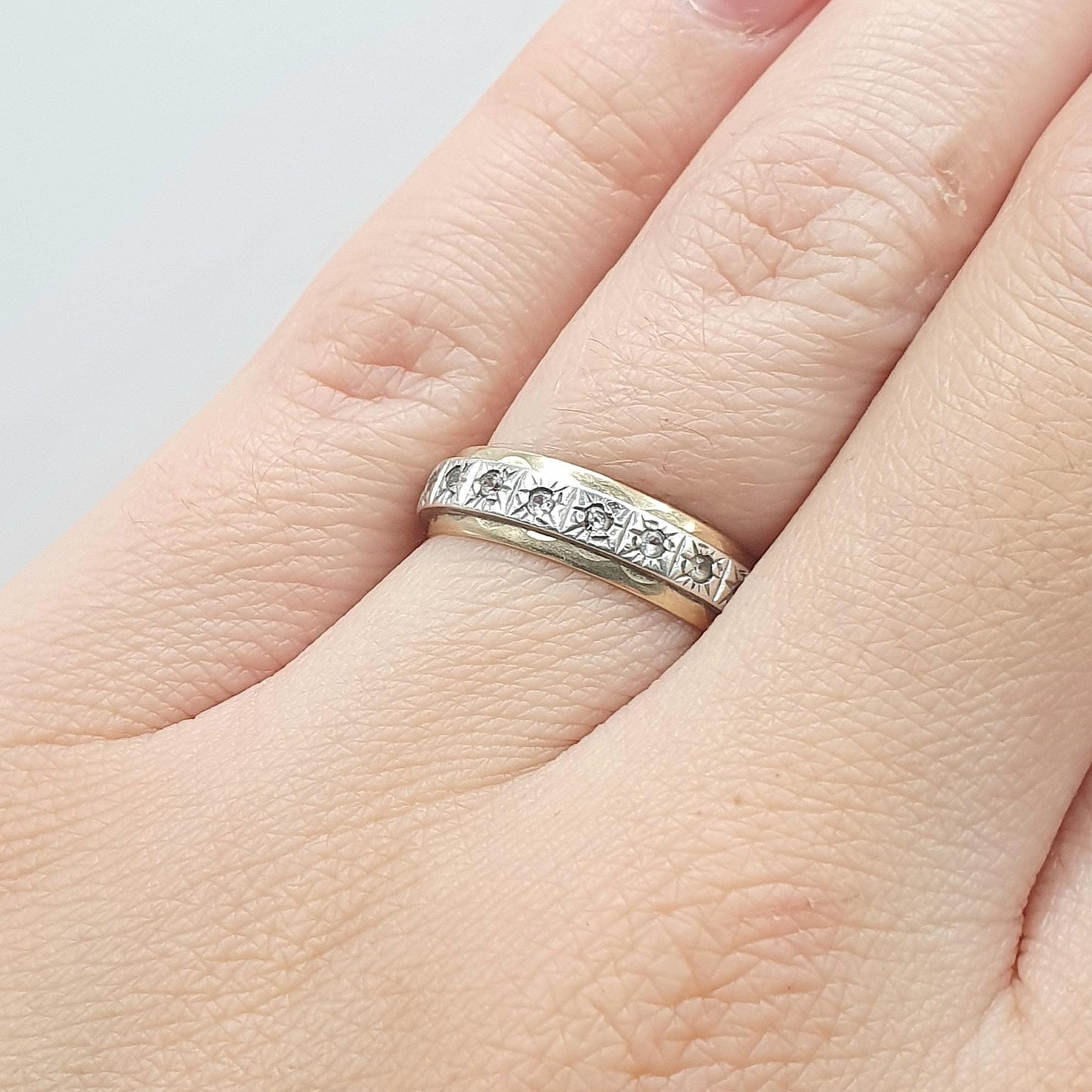 Antique 9ct Gold & Solid Silver Eternity Ring White Spinel Full Band Infinity Genuine Gemstone Womens Unisex Jewelry Jewellery