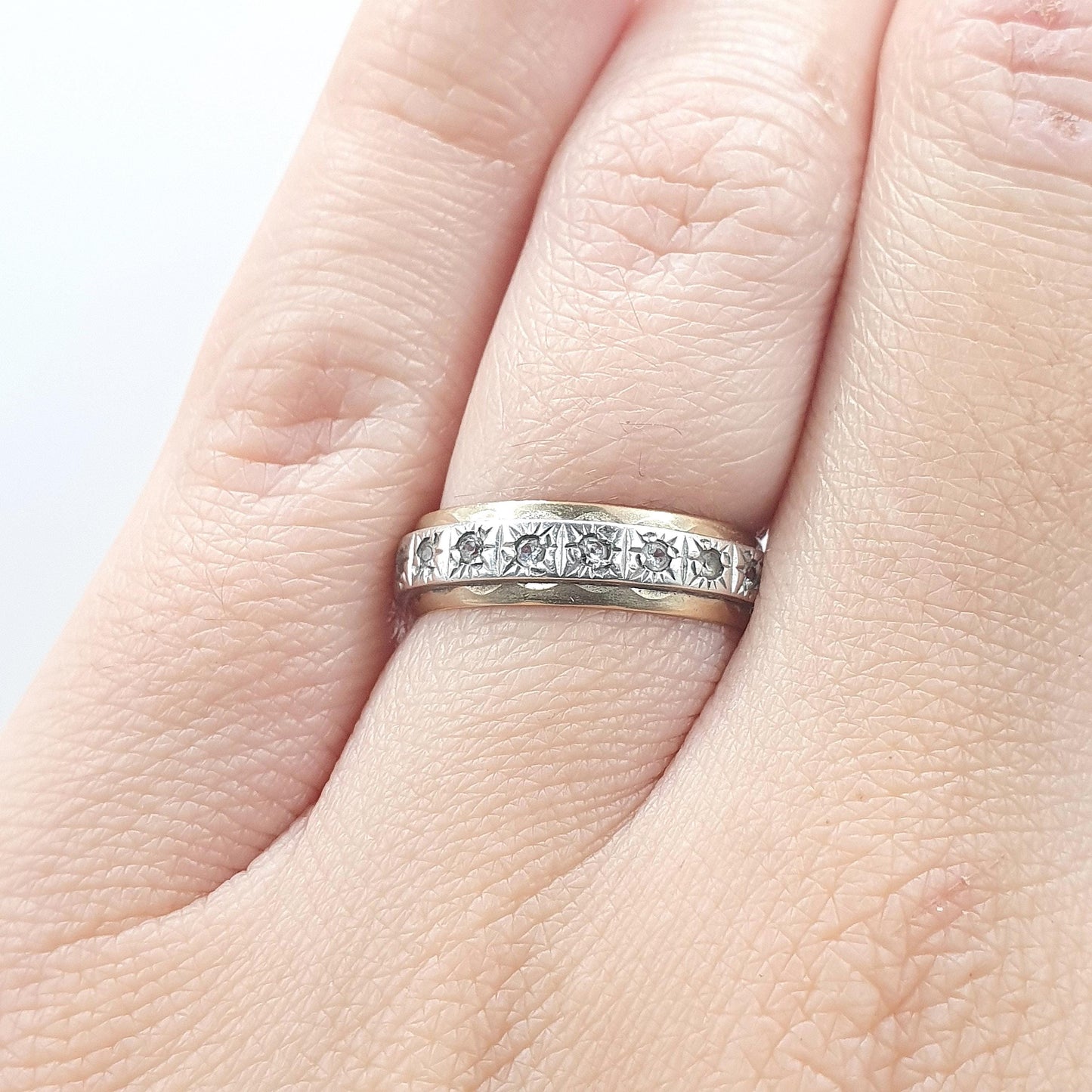 Antique 9ct Gold & Solid Silver Eternity Ring White Spinel Full Band Infinity Genuine Gemstone Womens Unisex Jewelry Jewellery