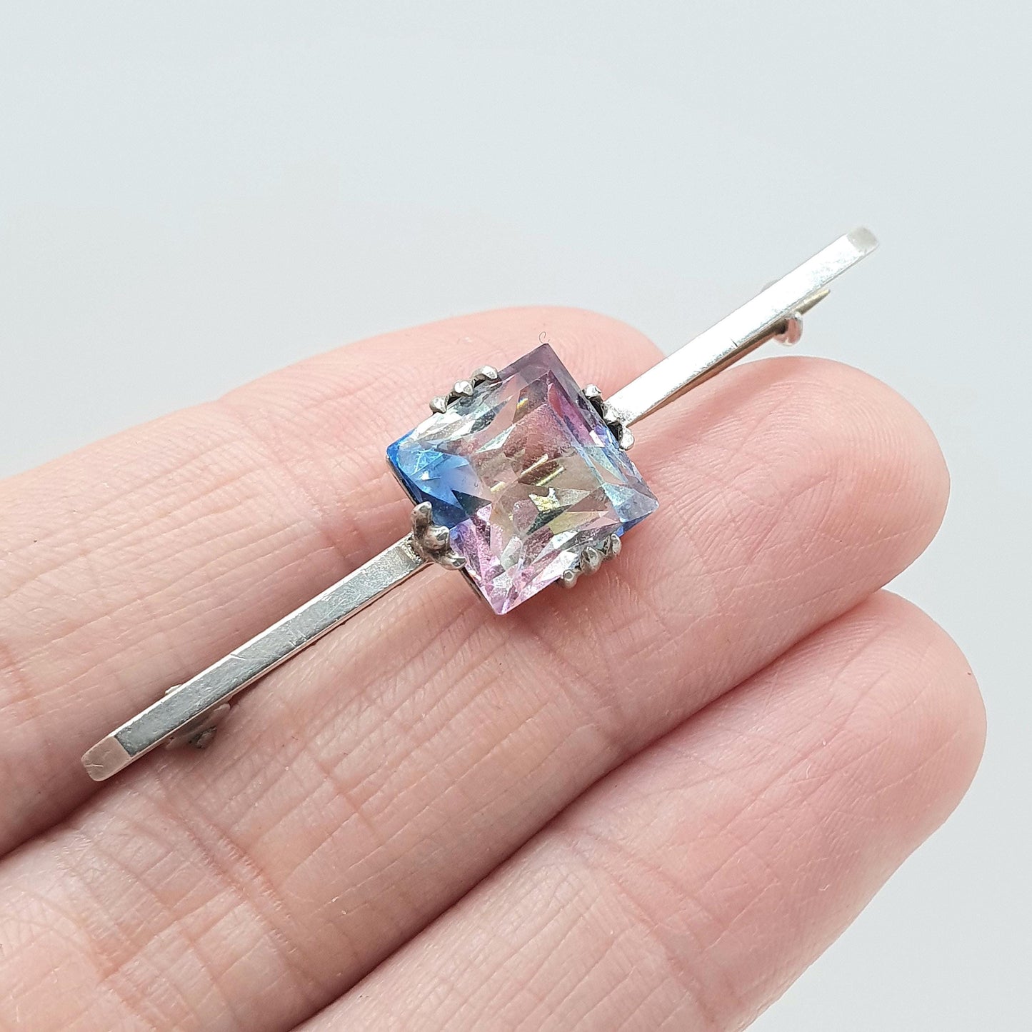 Antique Solid Silver Iris Rainbow Glass Brooch Square Cut Tutti Fruitti Art Deco Bar Pin Women’s Jewellery Jewelry Men’s Unisex Vintage