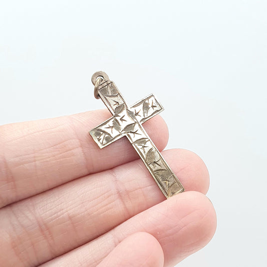 Antique Rolled Gold Crucifix Pendant Hand Engraved Leaf Pattern Gold Filled Front Necklace Victorian Catholic Christian Jewelry Jewellery