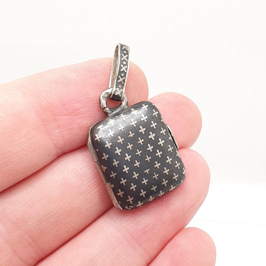 Antique Solid Silver Niello Locket Victorian Rectangular Austro Hungarian Necklace Pendant Cross Pattern Vintage Jewelry Jewellery
