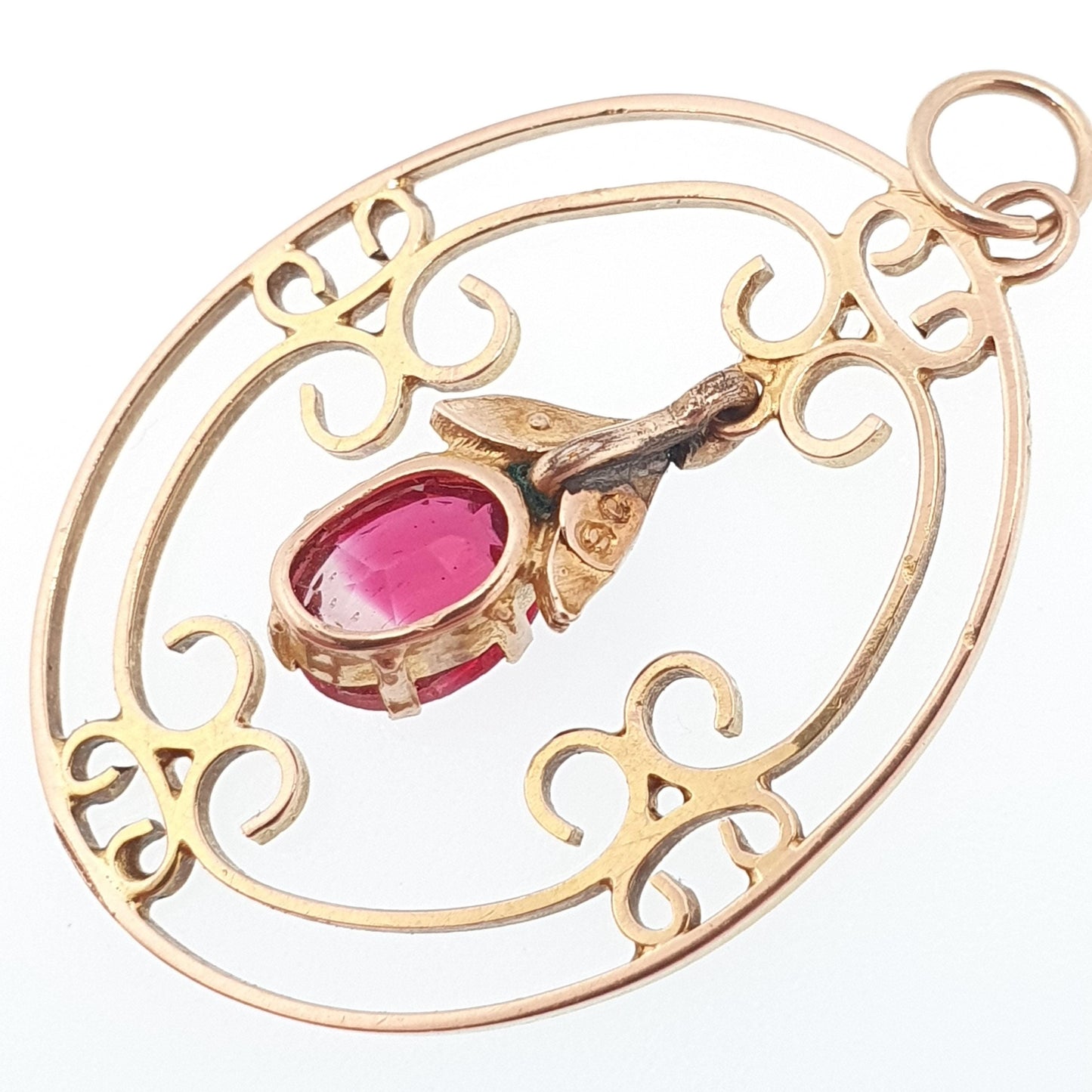 Antique 9ct Gold Pink Tourmaline Necklace Pendant Solid 9kt 9k Openwork Art Nouveau Seed Pearl Vintage Jewelry Jewellery