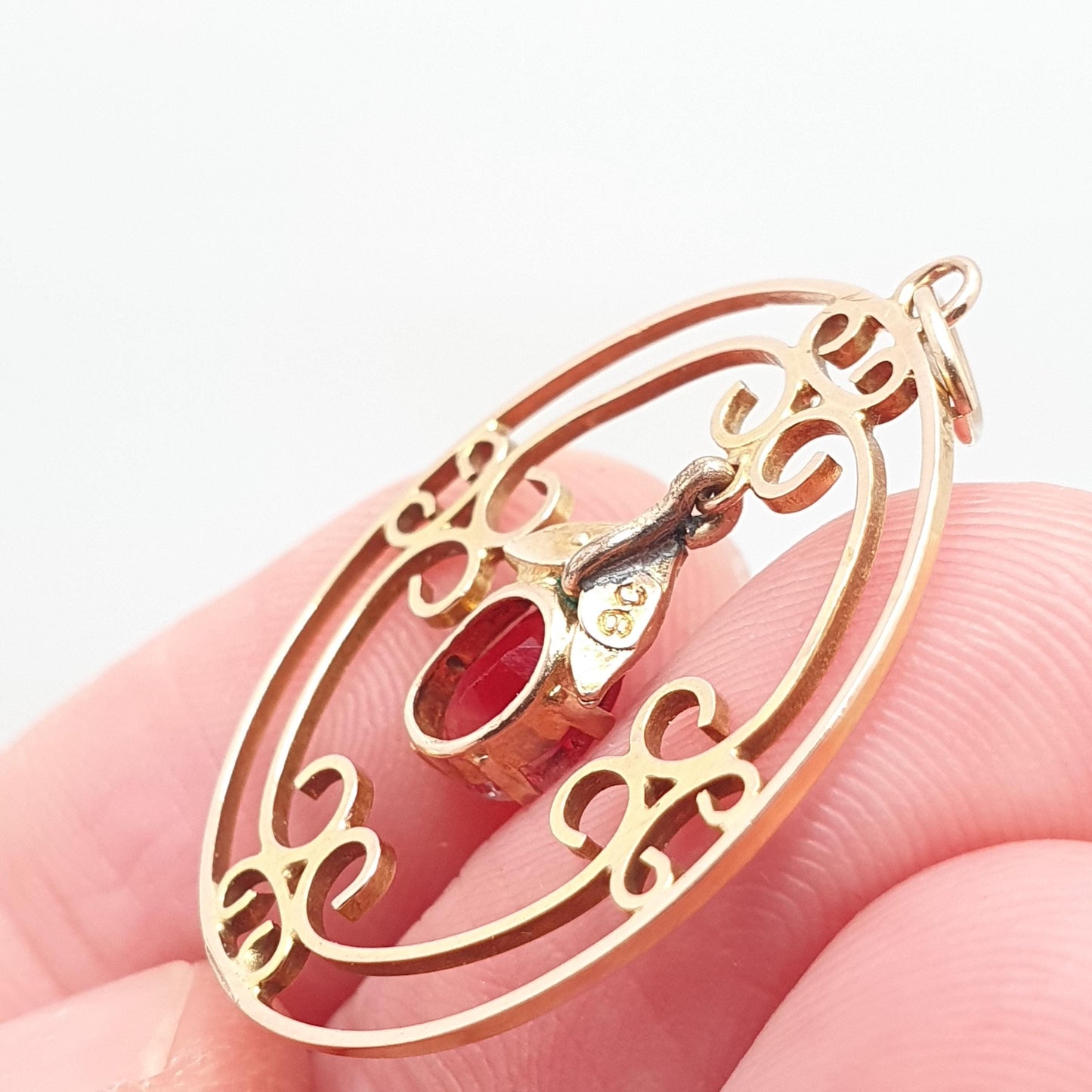 Antique 9ct Gold Pink Tourmaline Necklace Pendant Solid 9kt 9k Openwork Art Nouveau Seed Pearl Vintage Jewelry Jewellery