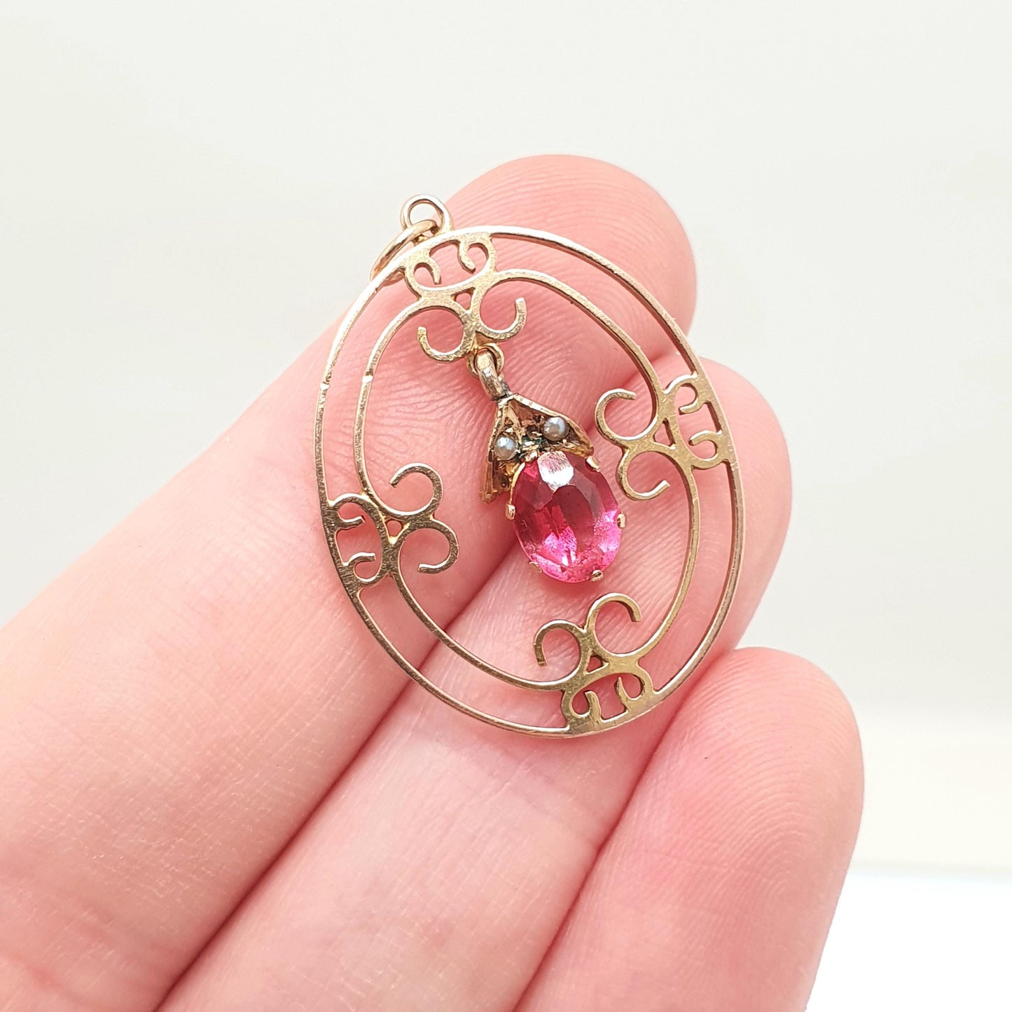 Antique 9ct Gold Pink Tourmaline Necklace Pendant Solid 9kt 9k Openwork Art Nouveau Seed Pearl Vintage Jewelry Jewellery