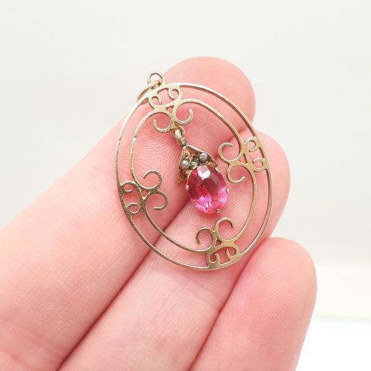 Antique 9ct Gold Pink Tourmaline Necklace Pendant Solid 9kt 9k Openwork Art Nouveau Seed Pearl Vintage Jewelry Jewellery