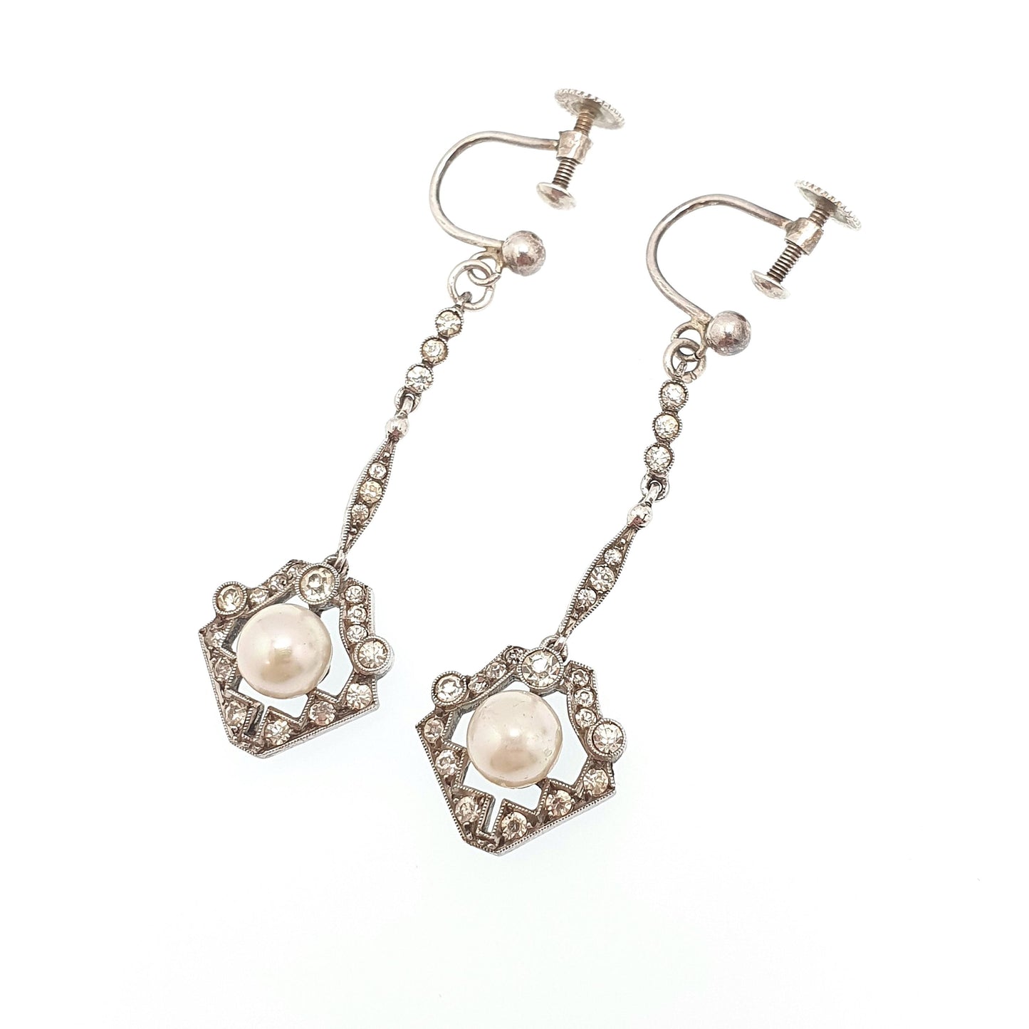 Antique Solid Silver Diamond Paste Earrings Art Deco Simulated Pearl Chandelier Dangling Drop Geometric Hanging Vintage Jewelry Jewellery