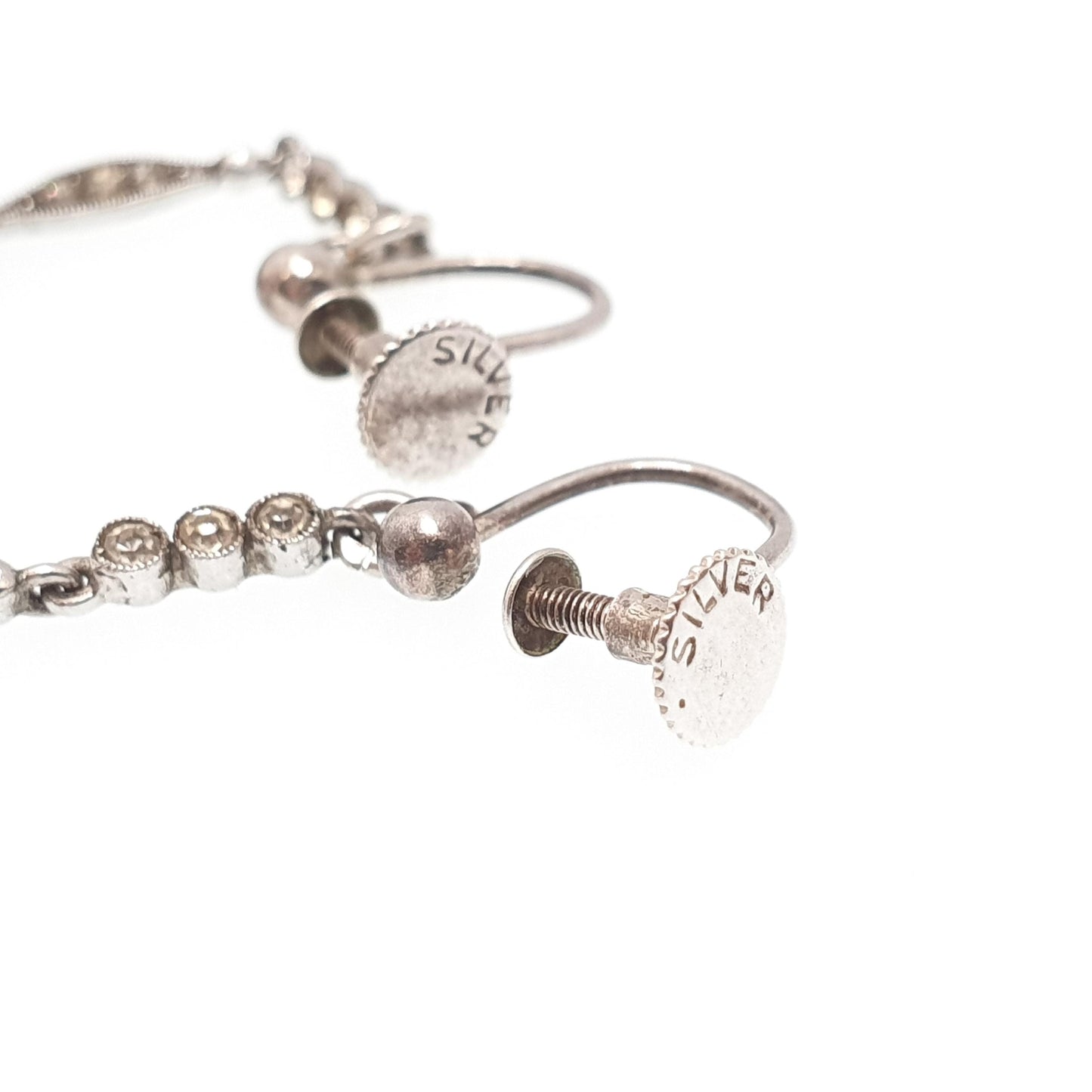 Antique Solid Silver Diamond Paste Earrings Art Deco Simulated Pearl Chandelier Dangling Drop Geometric Hanging Vintage Jewelry Jewellery