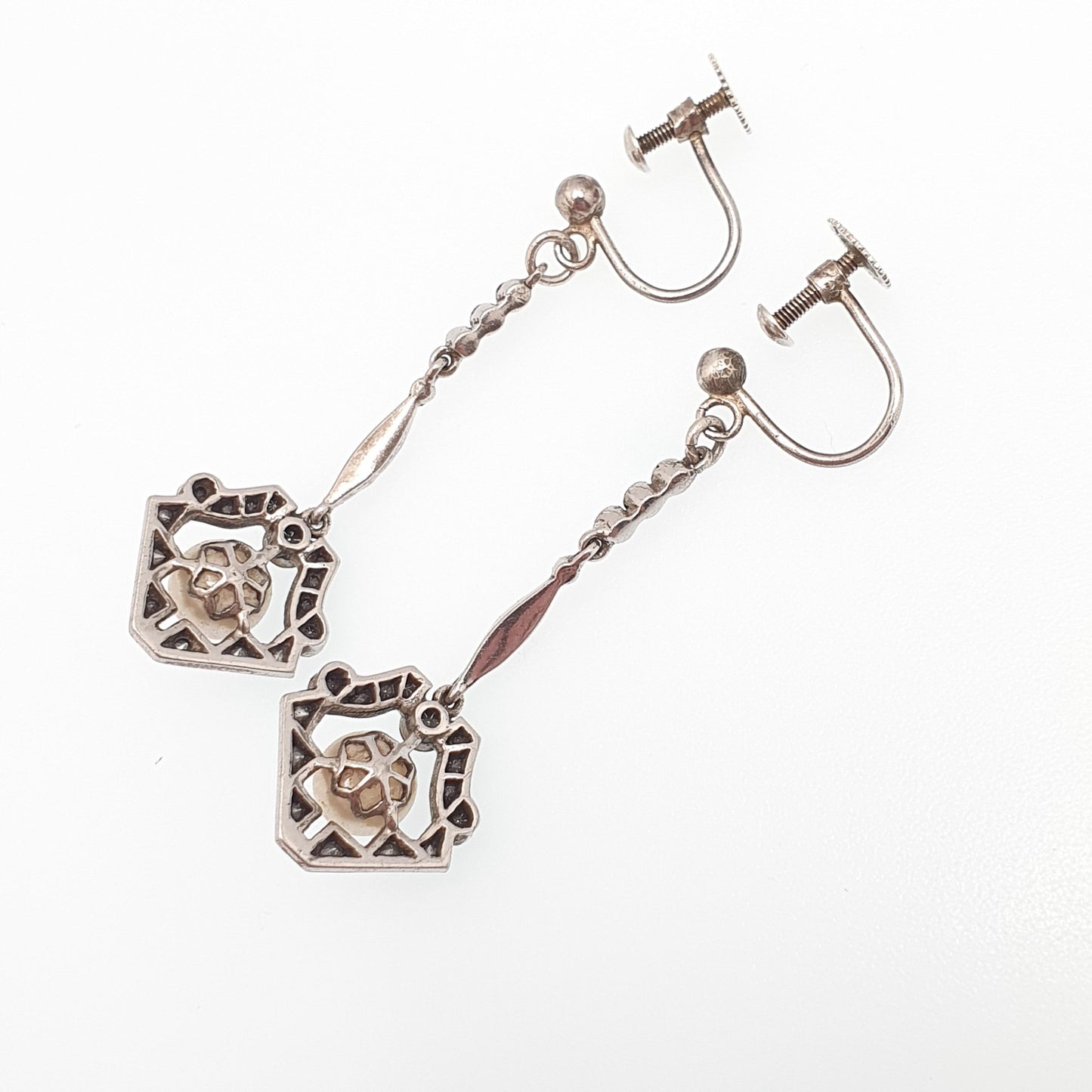 Antique Solid Silver Diamond Paste Earrings Art Deco Simulated Pearl Chandelier Dangling Drop Geometric Hanging Vintage Jewelry Jewellery