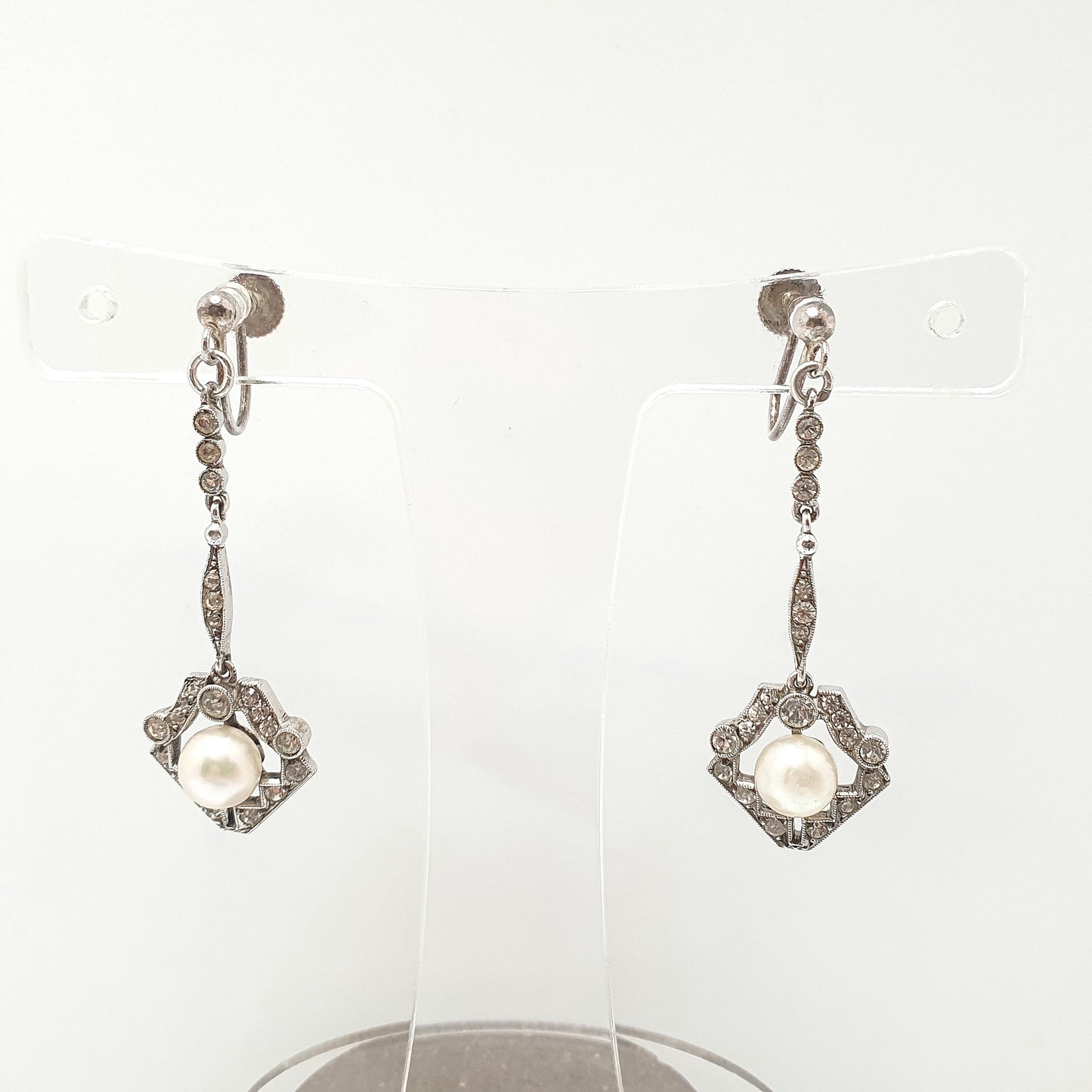Antique Solid Silver Diamond Paste Earrings Art Deco Simulated Pearl Chandelier Dangling Drop Geometric Hanging Vintage Jewelry Jewellery