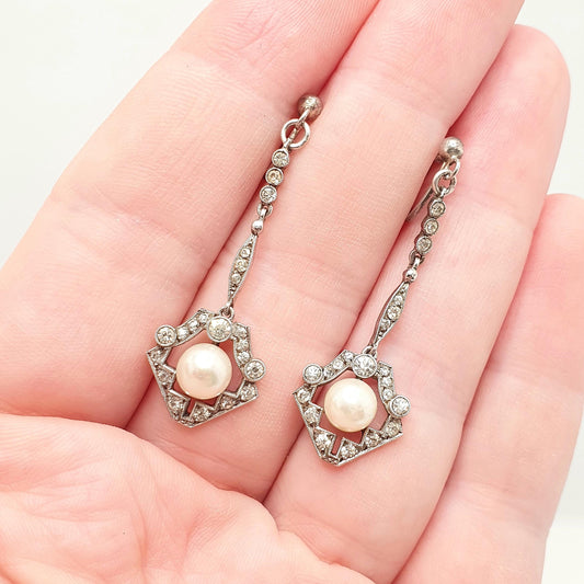 Antique Solid Silver Diamond Paste Earrings Art Deco Simulated Pearl Chandelier Dangling Drop Geometric Hanging Vintage Jewelry Jewellery