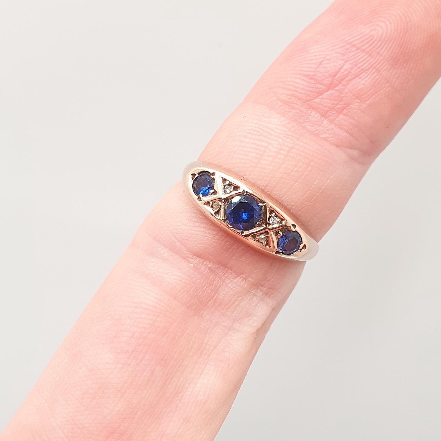 Antique 9ct Gold Sapphire & Diamond Ring 1918 Hallmark Rose Gold Solid 375 9k 9kt Vintage Jewelry Jewellery