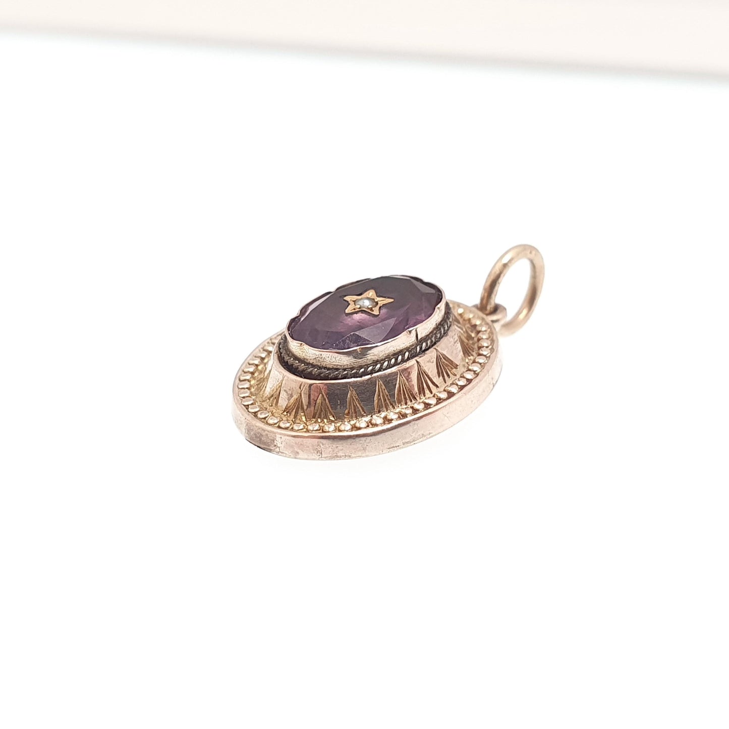 Antique Rolled Gold Amethyst Paste Necklace Pendant Star Centre Seed Pearl Victorian Gold Filled Vintage Jewellery Jewelry