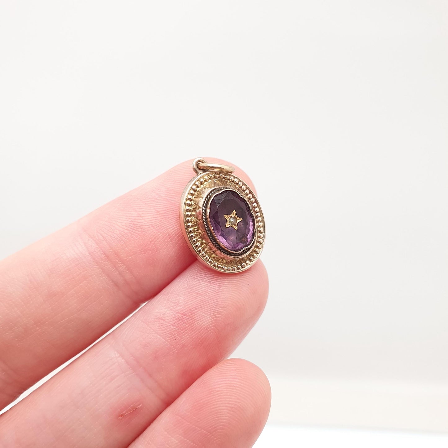 Antique Rolled Gold Amethyst Paste Necklace Pendant Star Centre Seed Pearl Victorian Gold Filled Vintage Jewellery Jewelry
