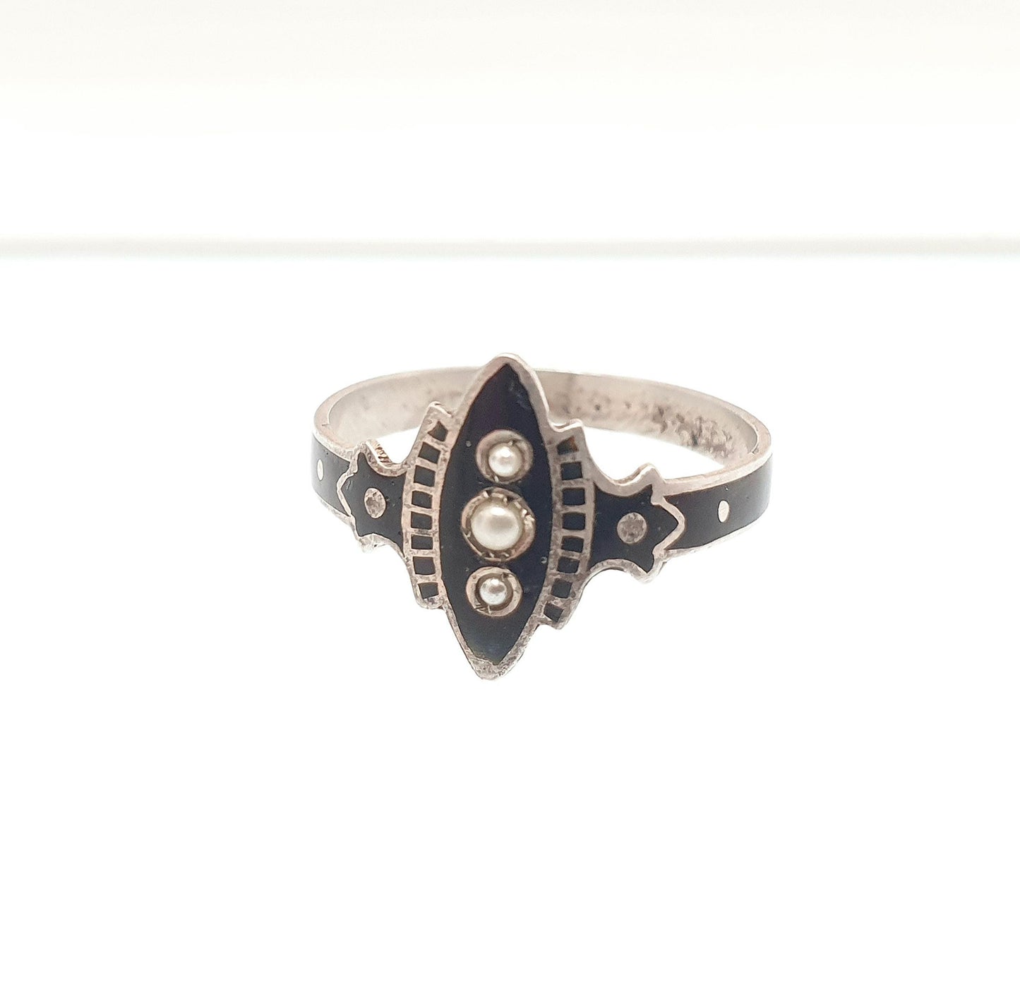 Antique Victorian Solid Silver Black Enamel Ring Mourning Seed Pearl Navette Marquise Vintage Jewelry Jewellery