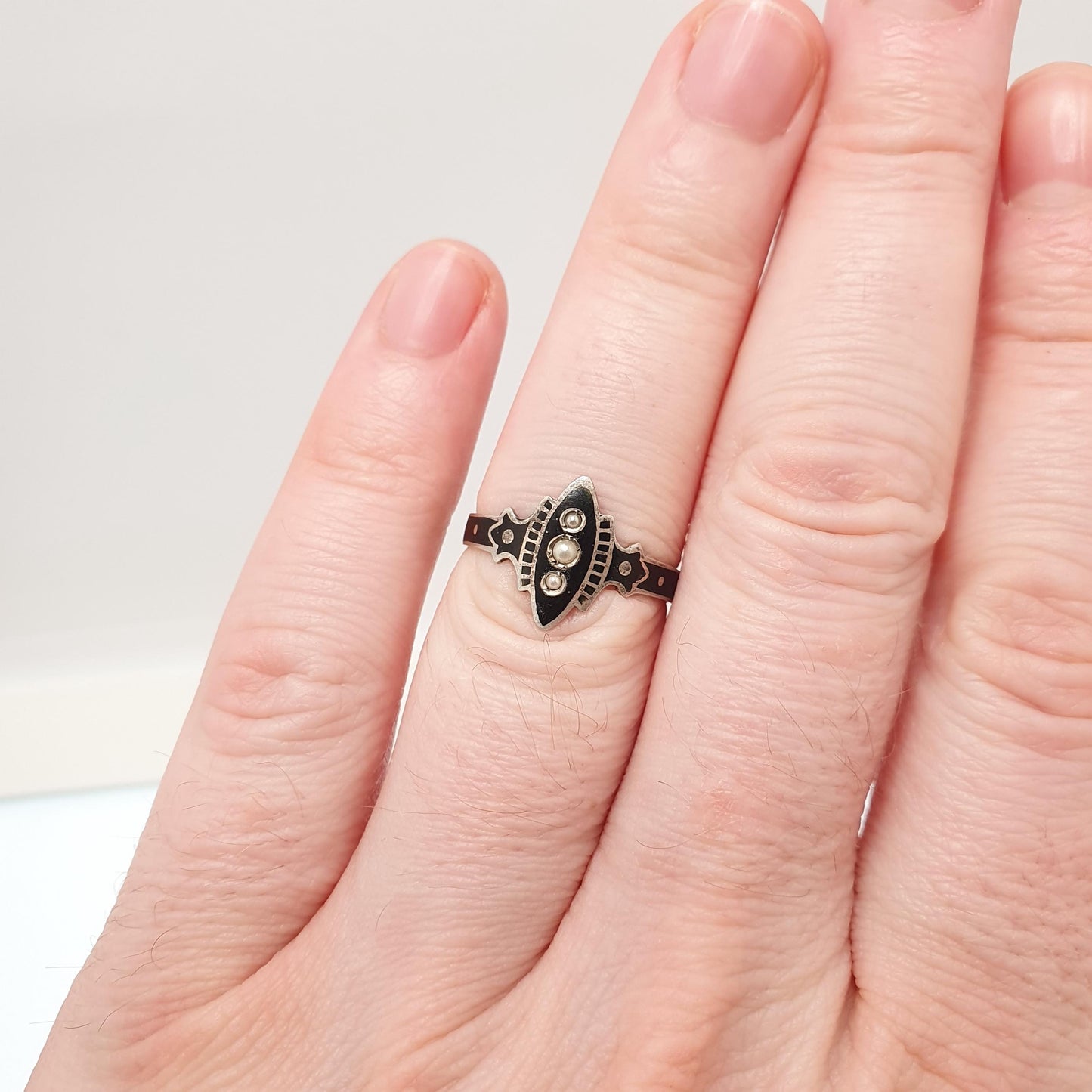 Antique Victorian Solid Silver Black Enamel Ring Mourning Seed Pearl Navette Marquise Vintage Jewelry Jewellery