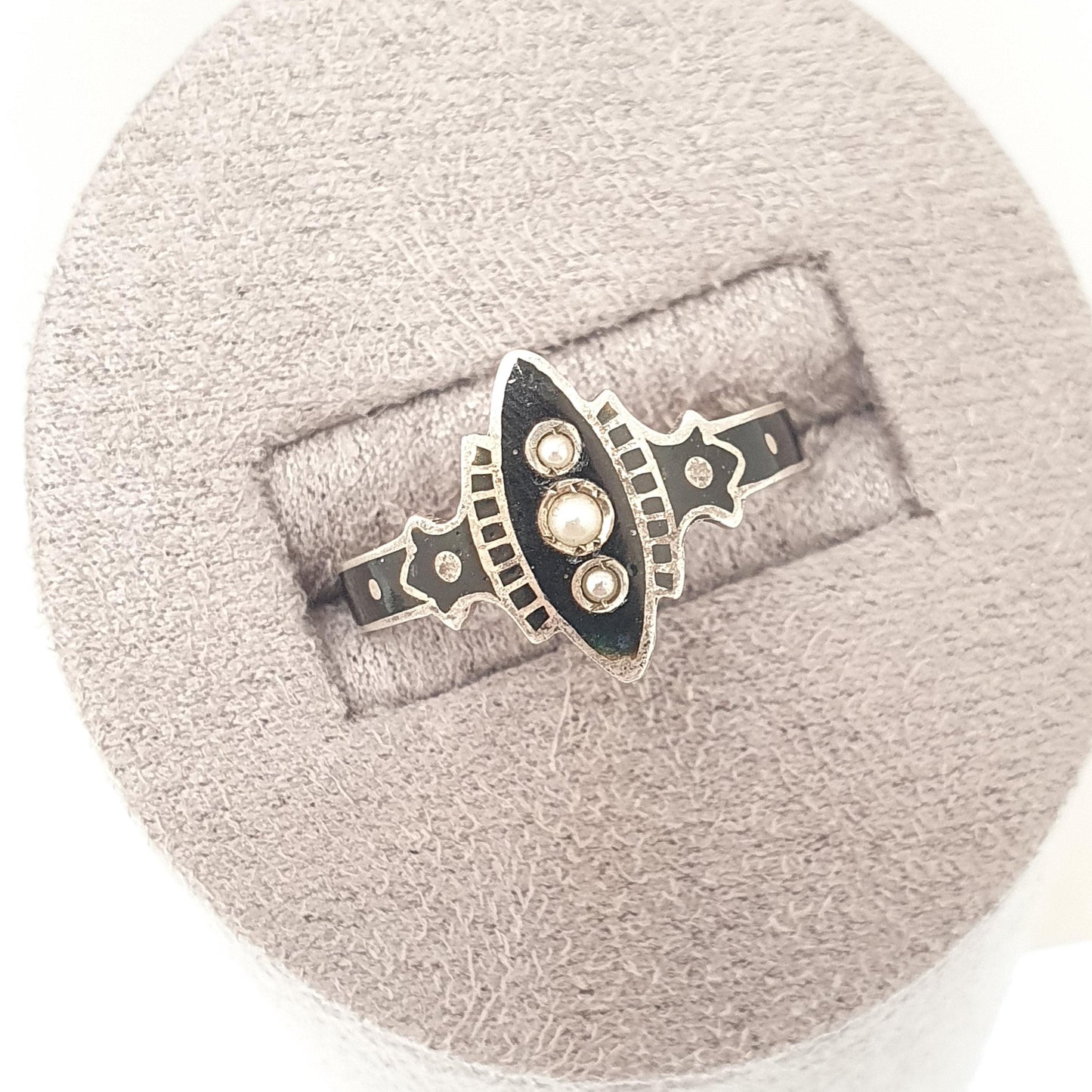 Antique Victorian Solid Silver Black Enamel Ring Mourning Seed Pearl Navette Marquise Vintage Jewelry Jewellery