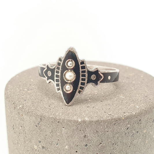 Antique Victorian Solid Silver Black Enamel Ring Mourning Seed Pearl Navette Marquise Vintage Jewelry Jewellery