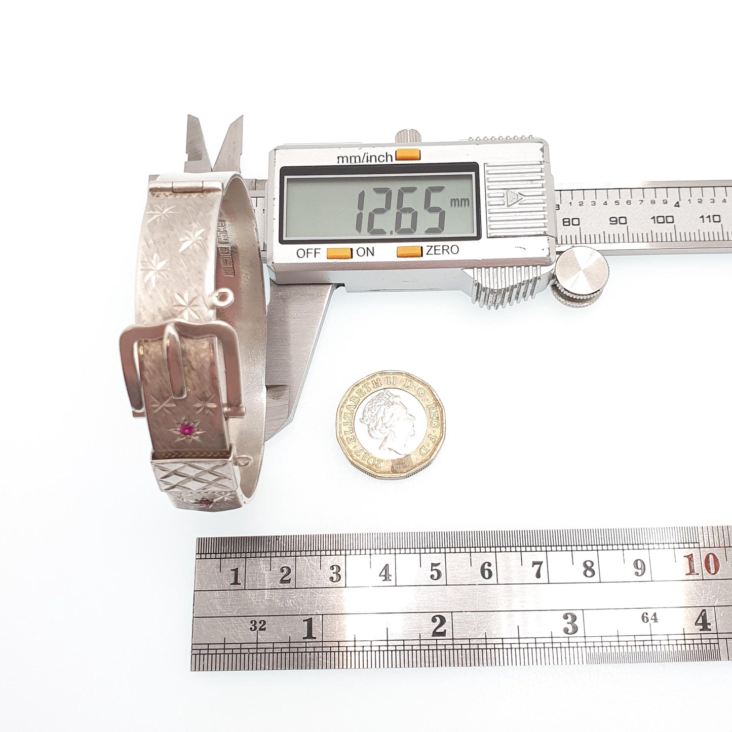 Vintage Sterling Silver Ruby Belt Buckle Bracelet Bangle Star Pattern 1970 Hallmark 35.53g Heavy Genuine Gemstone Jewelry Jewellery