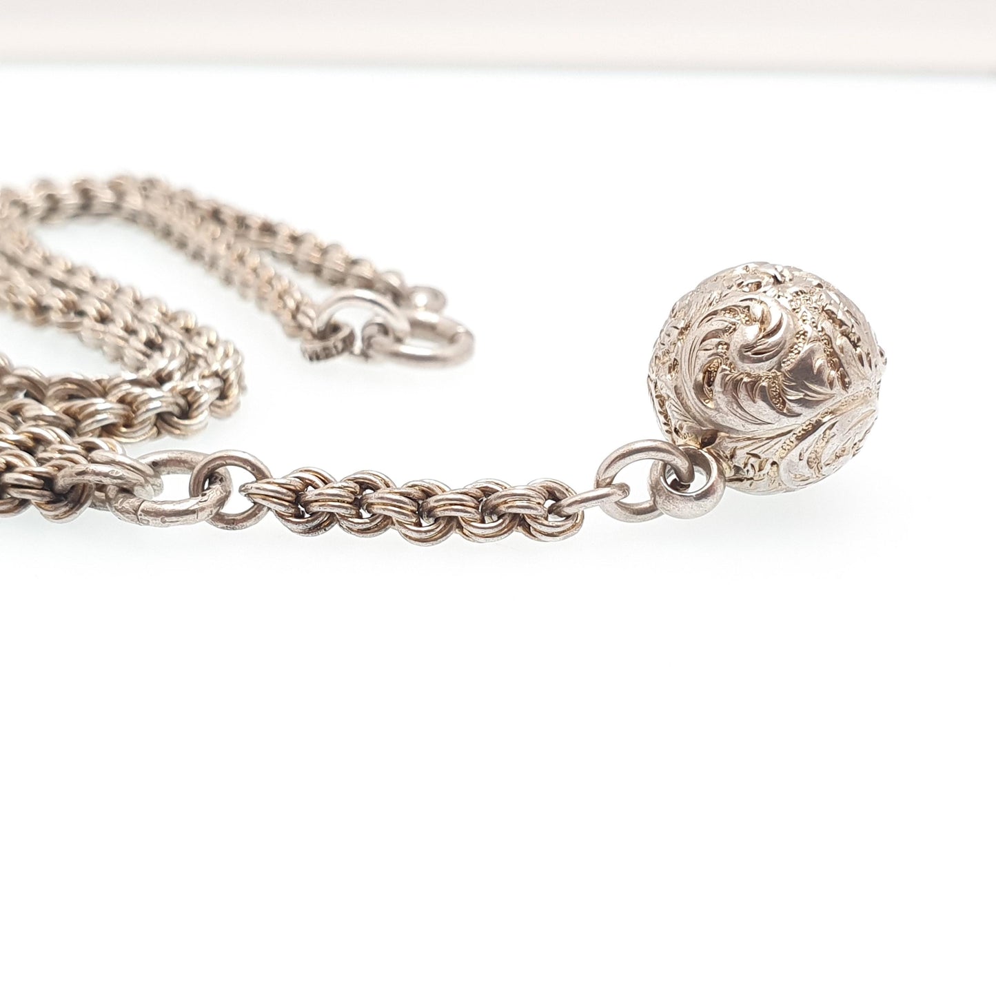 Antique Victorian Sterling Silver Ball Pendant Rope Link Chain Necklace 40cm 15.7" 22.60g Albert Chain 1800s Charm Jewelry Jewelry
