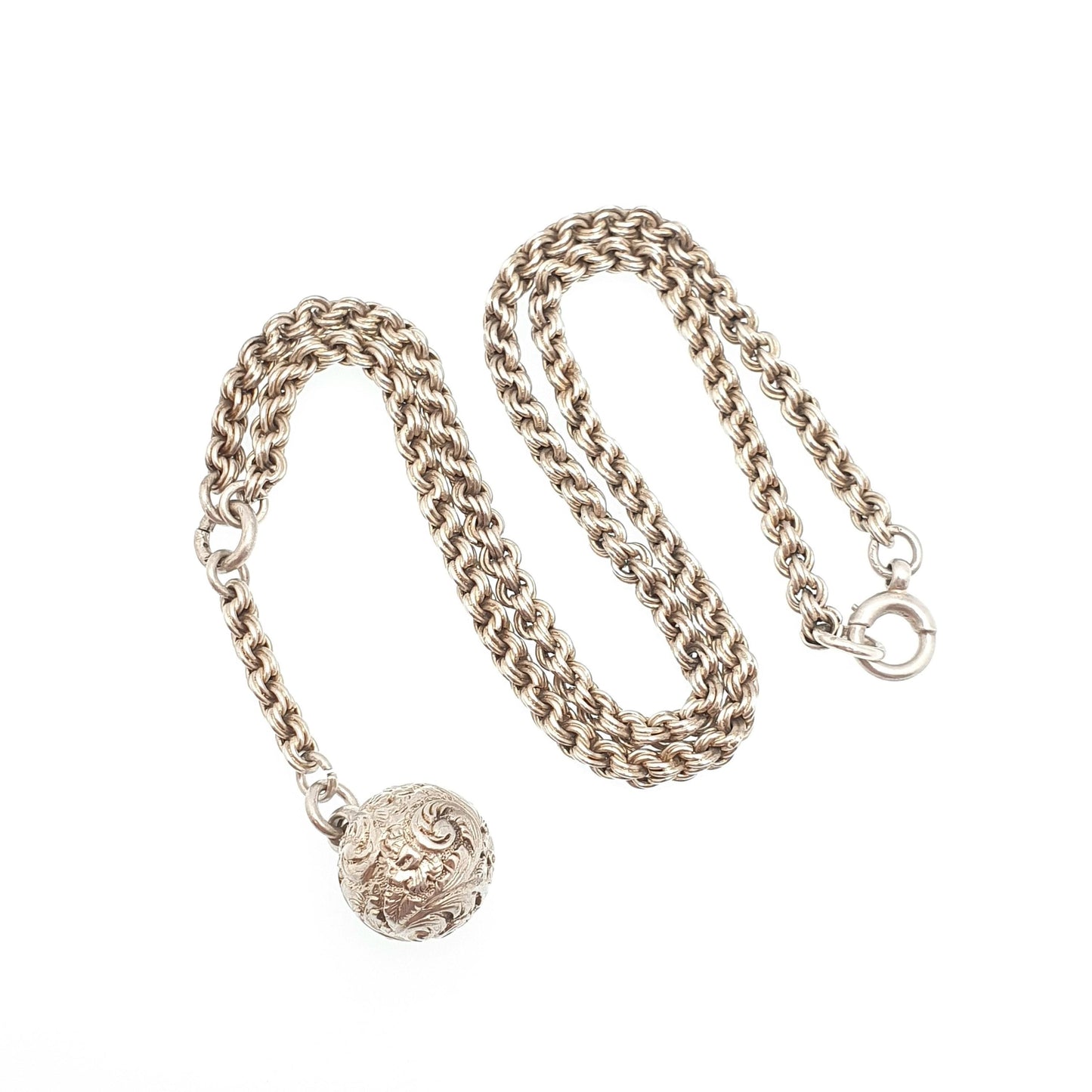 Antique Victorian Sterling Silver Ball Pendant Rope Link Chain Necklace 40cm 15.7" 22.60g Albert Chain 1800s Charm Jewelry Jewelry