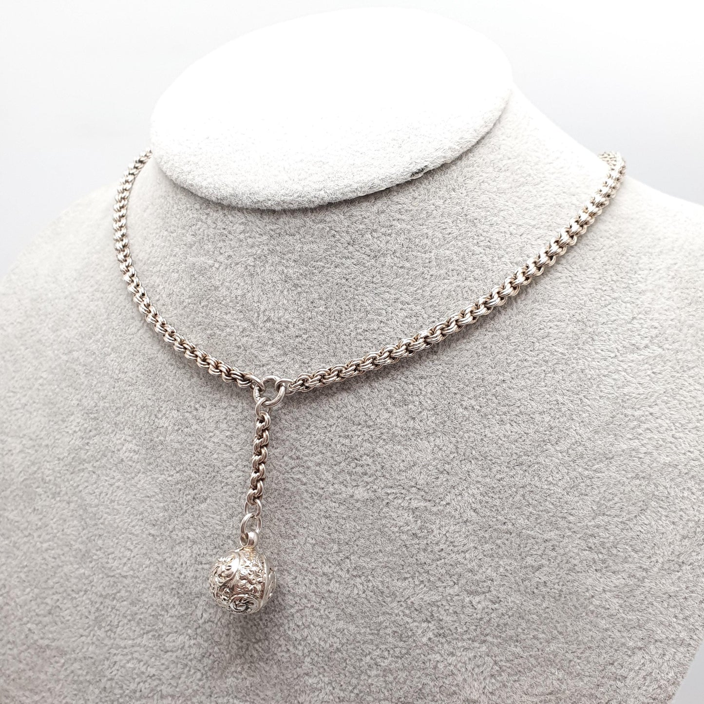 Antique Victorian Sterling Silver Ball Pendant Rope Link Chain Necklace 40cm 15.7" 22.60g Albert Chain 1800s Charm Jewelry Jewelry