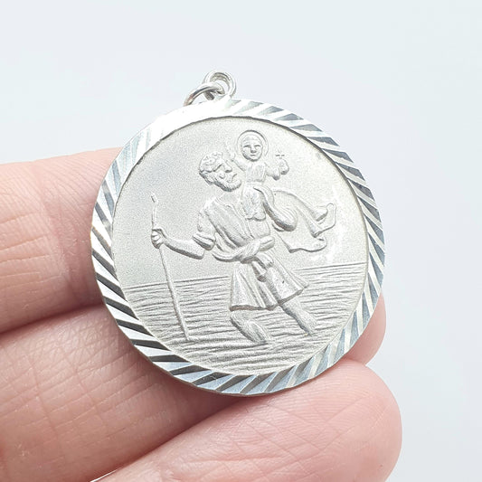 Vintage Sterling Silver St Christopher Pendant Large Round Travel Catholic Catholic Christian Necklace Mens Women’s Jewellery