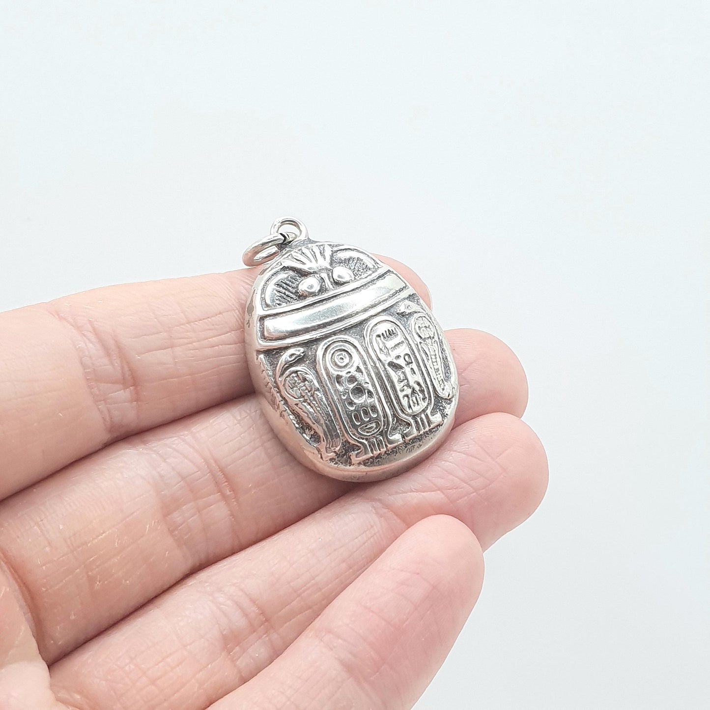 Vintage Solid Silver Scarab Beetle Pendant Snake & Hieroglyph Pattern Necklace Insect Bug Egyptian Mens Womens Jewelry
