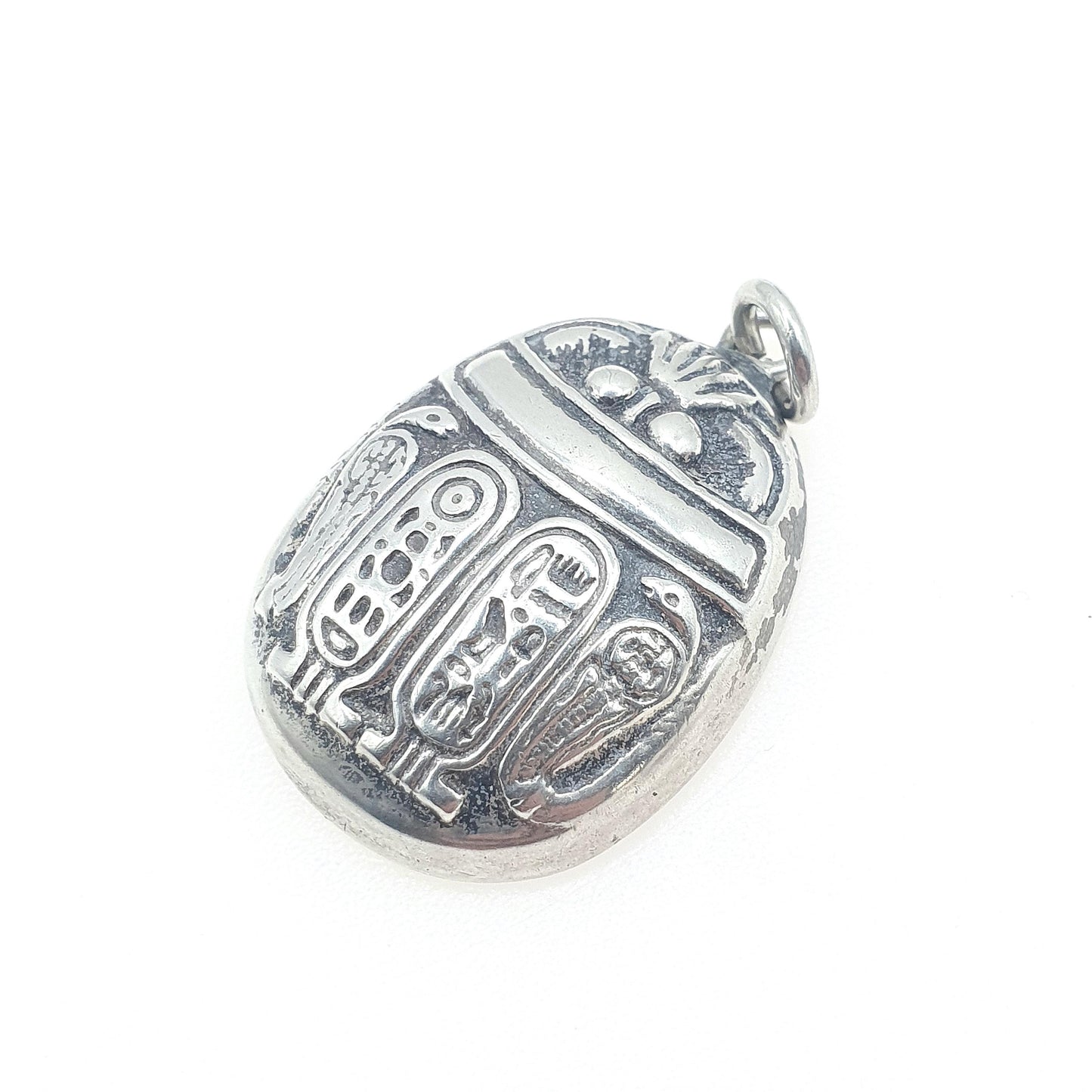 Vintage Solid Silver Scarab Beetle Pendant Snake & Hieroglyph Pattern Necklace Insect Bug Egyptian Mens Womens Jewelry