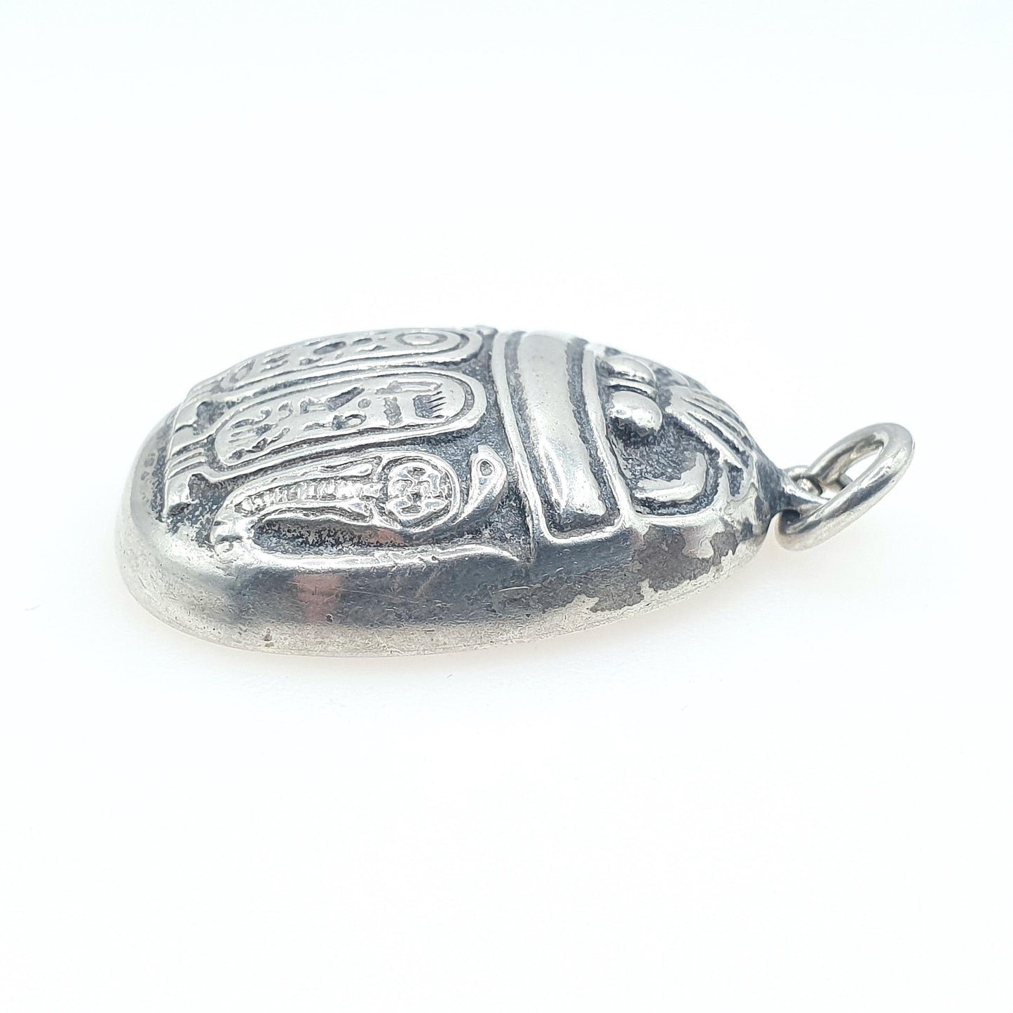 Vintage Solid Silver Scarab Beetle Pendant Snake & Hieroglyph Pattern Necklace Insect Bug Egyptian Mens Womens Jewelry