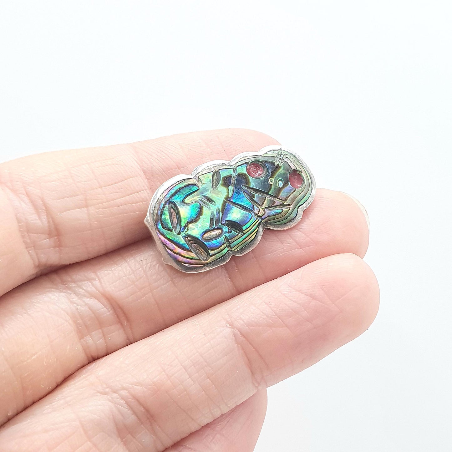 RESERVED/SOLD DON Antique Sterling Silver Tiki Brooch Abalone Shell New Zealand NZ Mother of Pearl Rainbow Iridescent Vintage Jewellery Jewelry