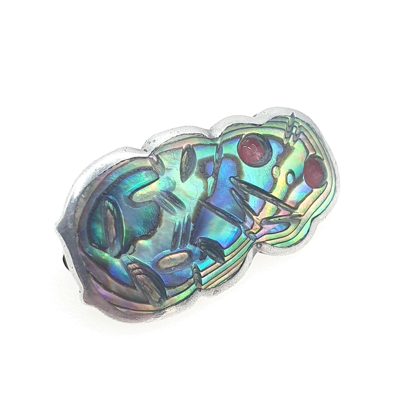 RESERVED/SOLD DON Antique Sterling Silver Tiki Brooch Abalone Shell New Zealand NZ Mother of Pearl Rainbow Iridescent Vintage Jewellery Jewelry