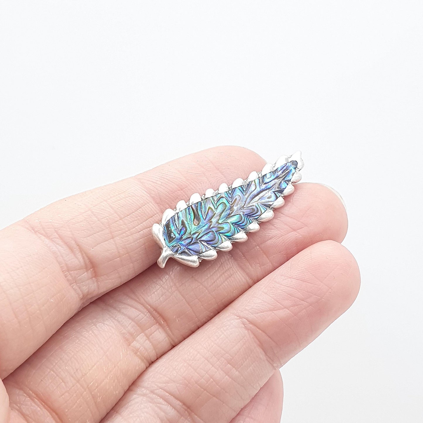 RESERVED/SOLD DON Old Vintage Sterling Silver Fern Brooch New Zealand Abalone Shell Maori Rainbow Leaf Blue Green