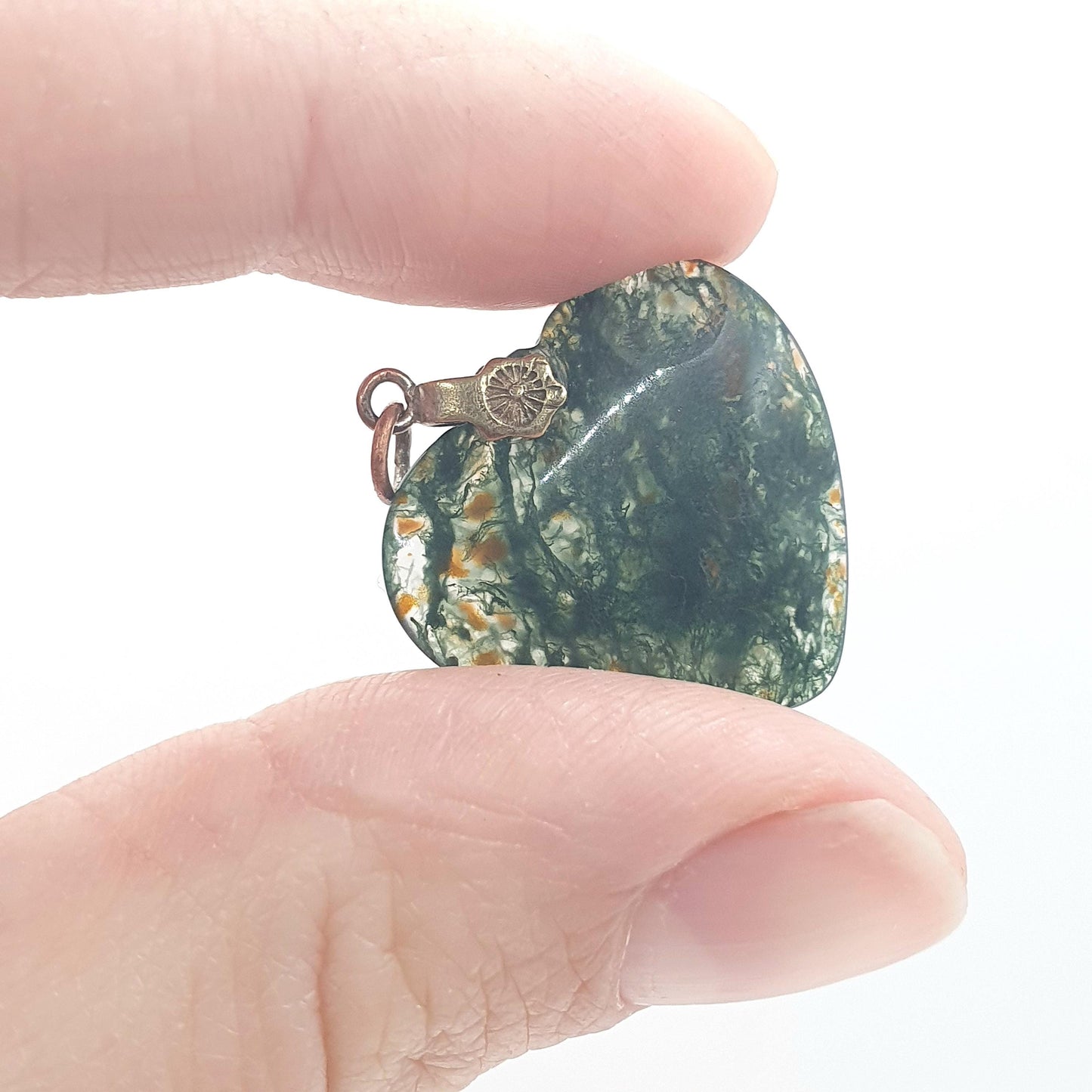 Antique Art Deco Moss Agate Heart Pendant Veined Quartz Gemstone Women’s Mens Unisex Vintage Jewellery Necklace Jewelry